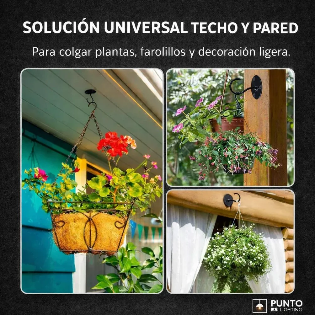 Gancho Techo y Pared Exterior Blanco, Pack 2 Unidades – Soporte para Colgar Plantas, Farolillos y Decoración, Acero Pintado con Tornillos y Tacos Incluidos