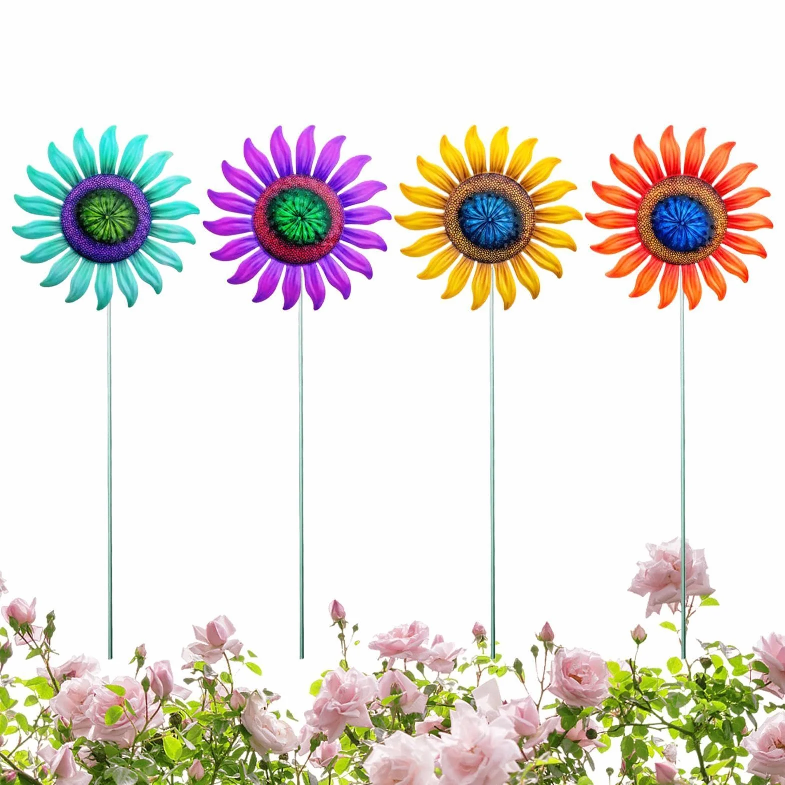 Genérico Estacas Florales Jardín - 4 Piezas De De Flores Metálicas De Colores | Decoraciones de Exterior Césped - para Jardín Césped Senderos Patios Patio Interior Valla Granja Hogar Paisaje