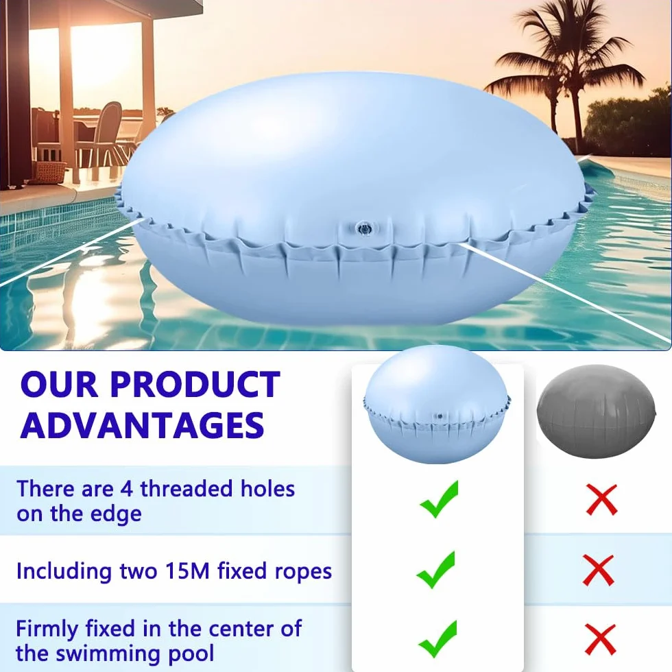 Cojín de piscina de invierno, cojín de piscina redondo XXL 120 x 120 cm, cojín de aire para piscina de invierno, cojín de invierno para piscina con 4 ojales y cuerda de 15 m, cojín de piscina de