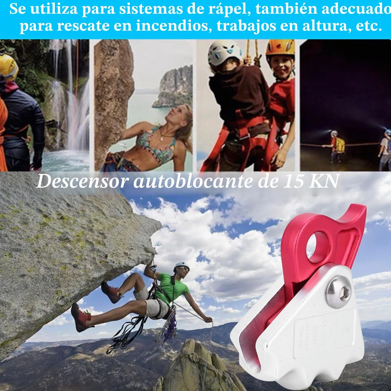 Descensor de Escalada Autofrenante 15 KN para Cuerda 9-12 mm, Equipo de Rappel para Bomberos