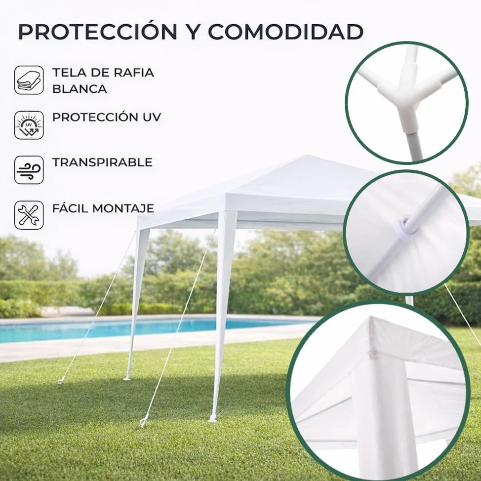 Carpa Desmontable 3x3 m Impermeable Blanca Estructura de Acero Resistente Cubierta de Rafia