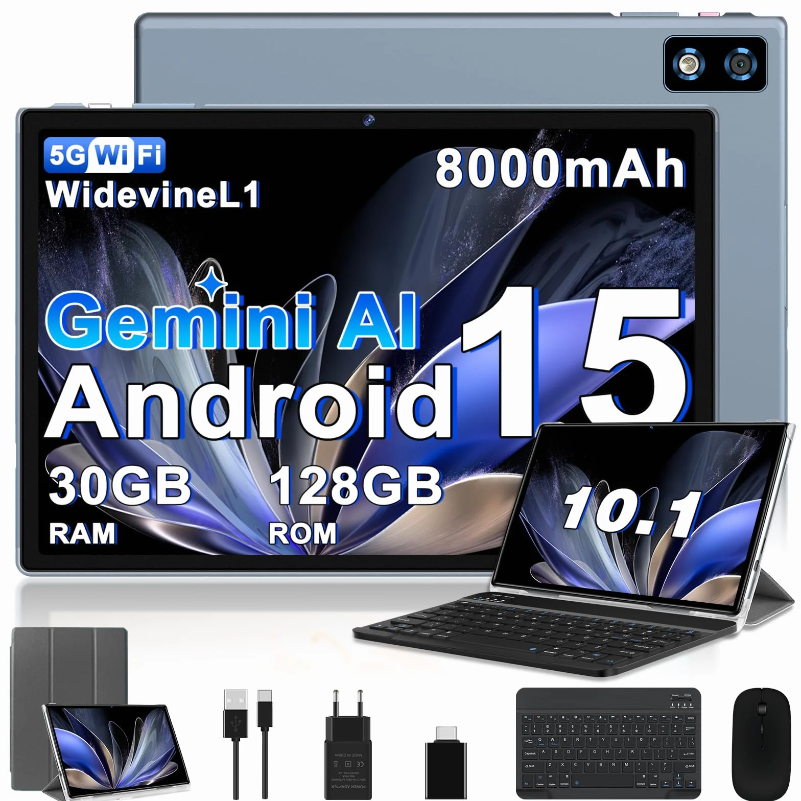 Tablet 10 Pulgadas Android 15 Gemini AI 30GB RAM 128GB ROM Octa-Core 2.0GHz 8000mAh 5G WiFi 6 BT 5.0 con Teclado y Ratón Gris