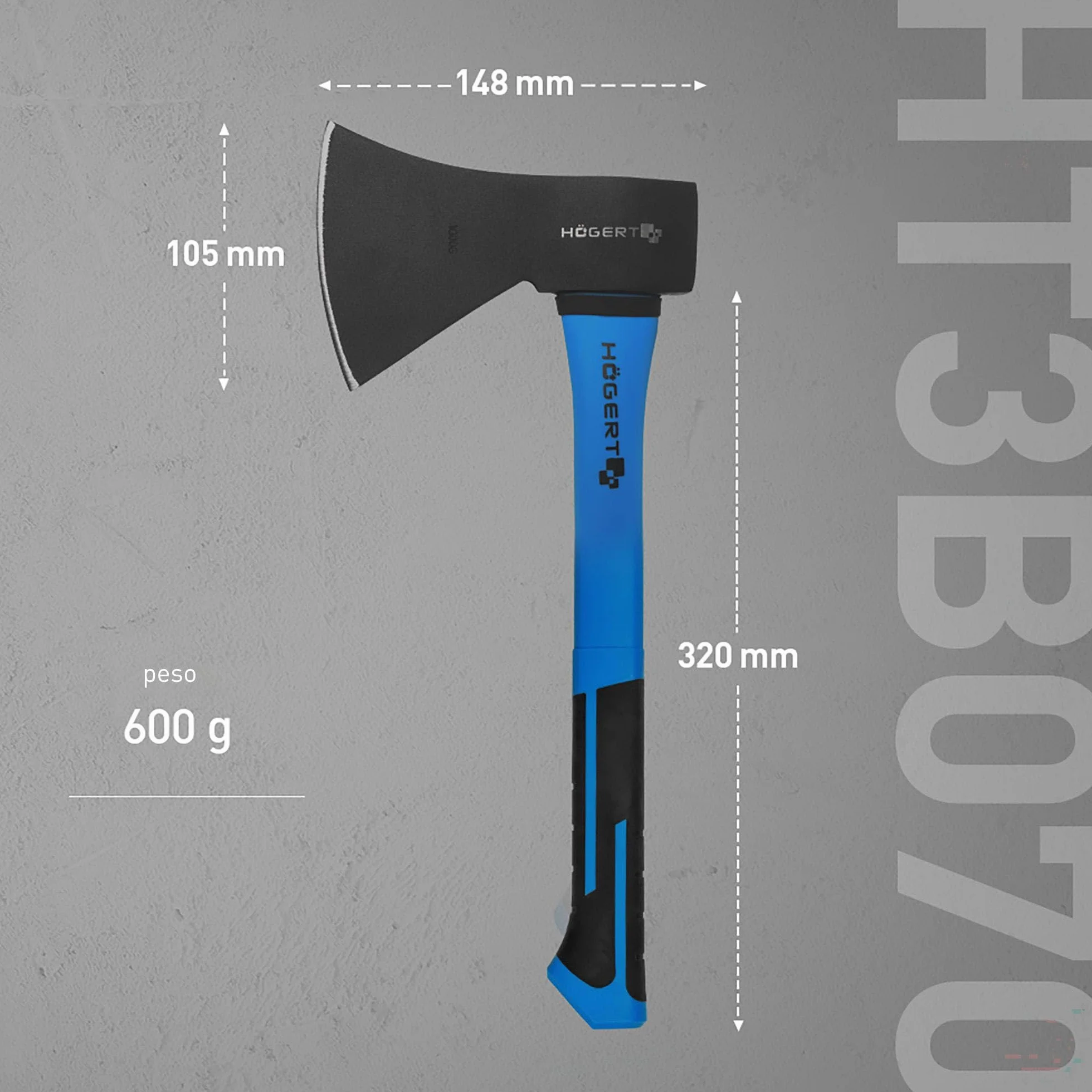 HÖGERT TECHNIK Hacha Universal 600 g con Mango de Fibra de Vidrio, para Partir y Cortar, Hoja endurecida 47-55 HRC, Mango ergonómico Antideslizante, DIN 5131