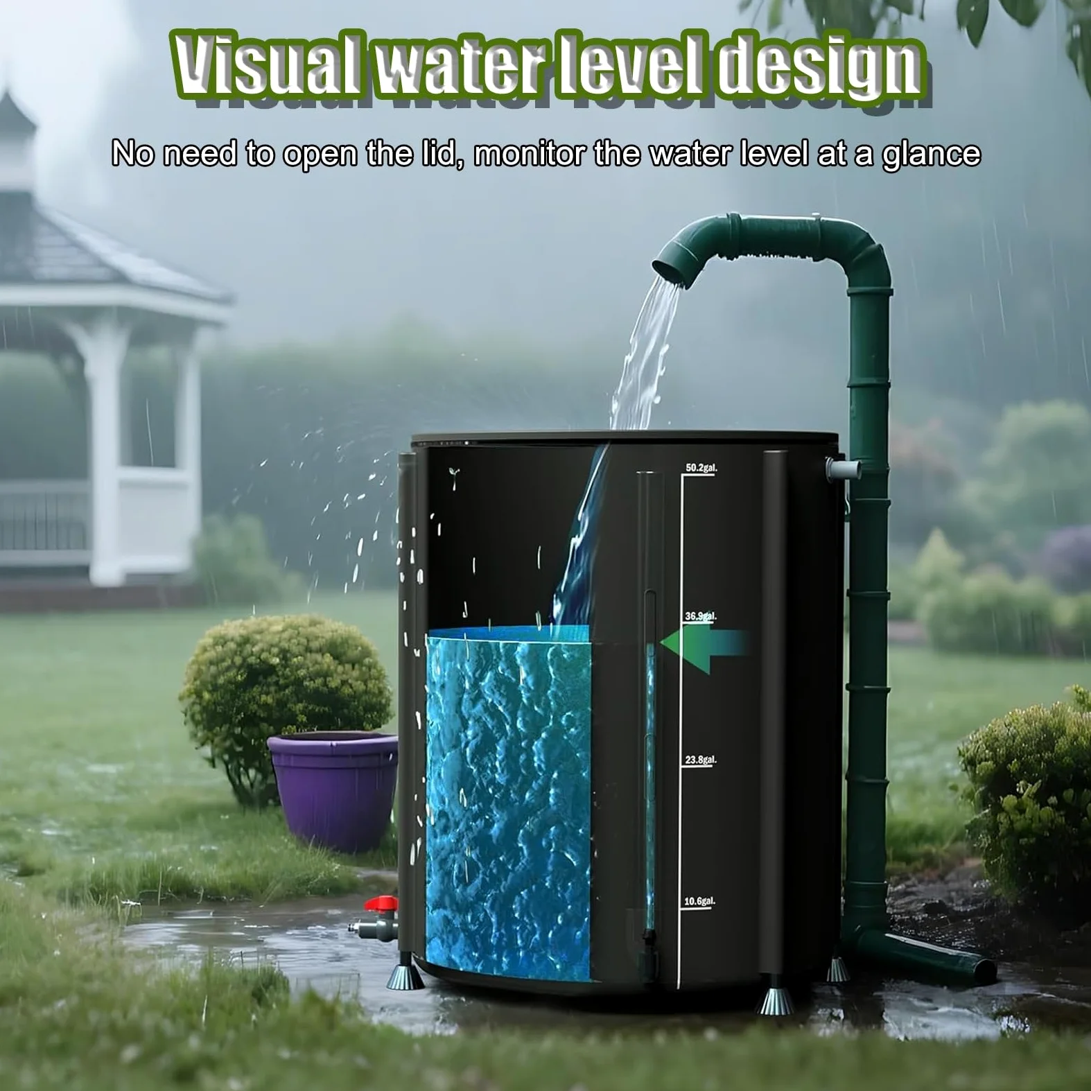 Sistema portátil de recolección de agua de lluvia de 50 litros, tanque de almacenamiento de agua con filtro, colector de bajante plegable para jardín, exterior, césped (verde)