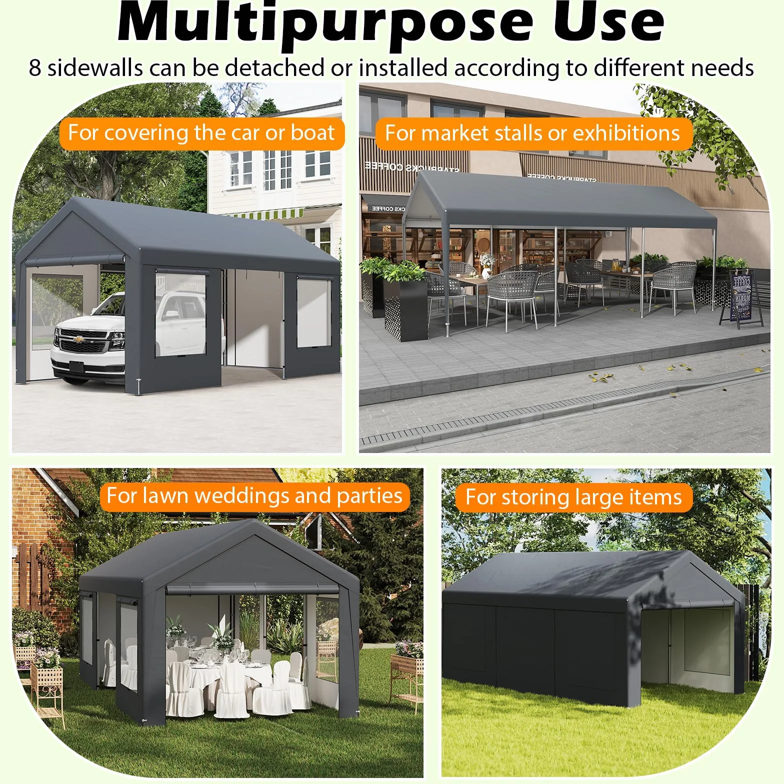 SOARS Carpa de Garaje 300 x 595 x 280, Tienda de campaña con 8 Paredes Laterales extraíbles, Marco de Metal, Paneles de Ventanas de Polietileno, Puertas enrollables, Refugio para Garaje, Incluye