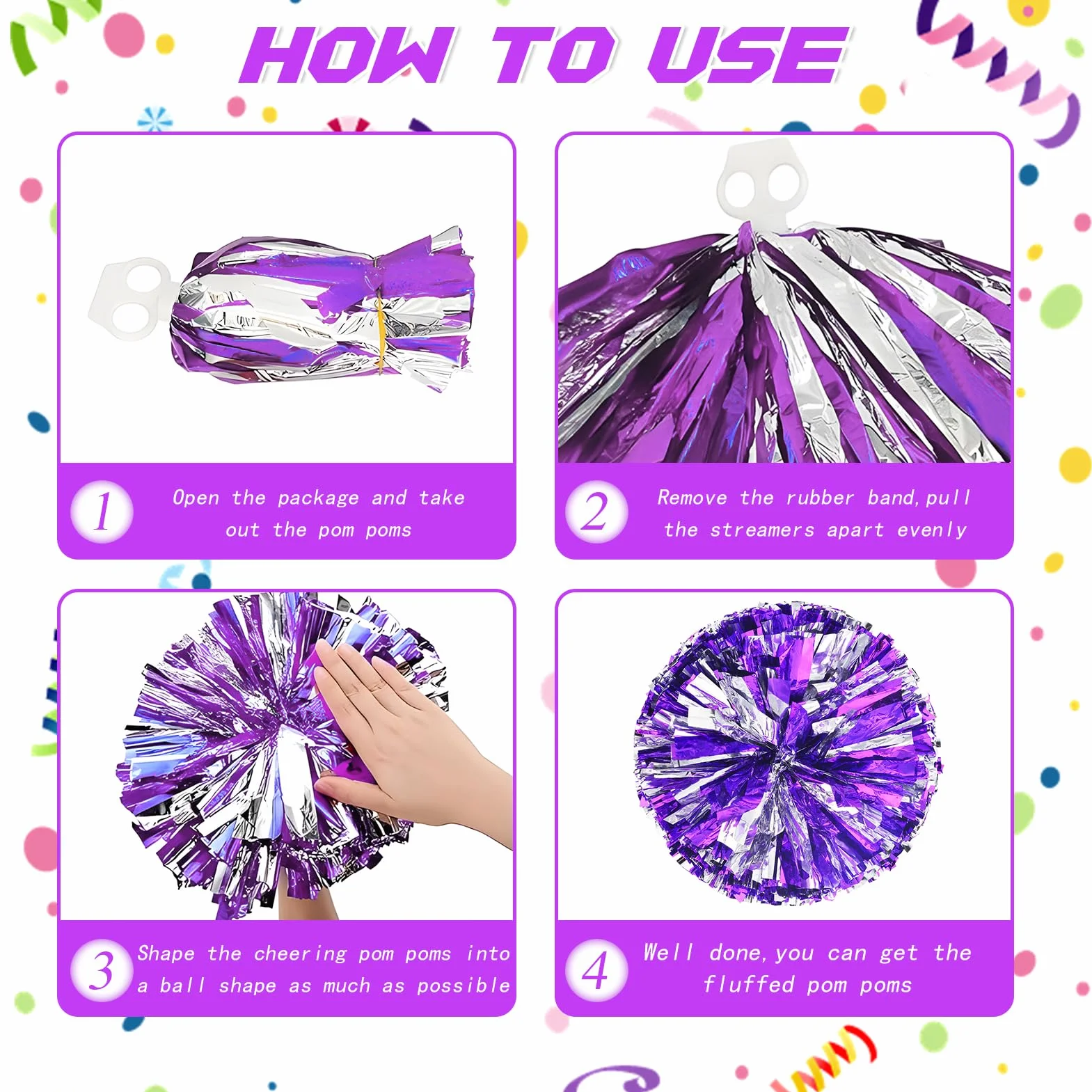 Pompones de Animadora Morado 3 Piezas Meanju para Deportes Fiestas