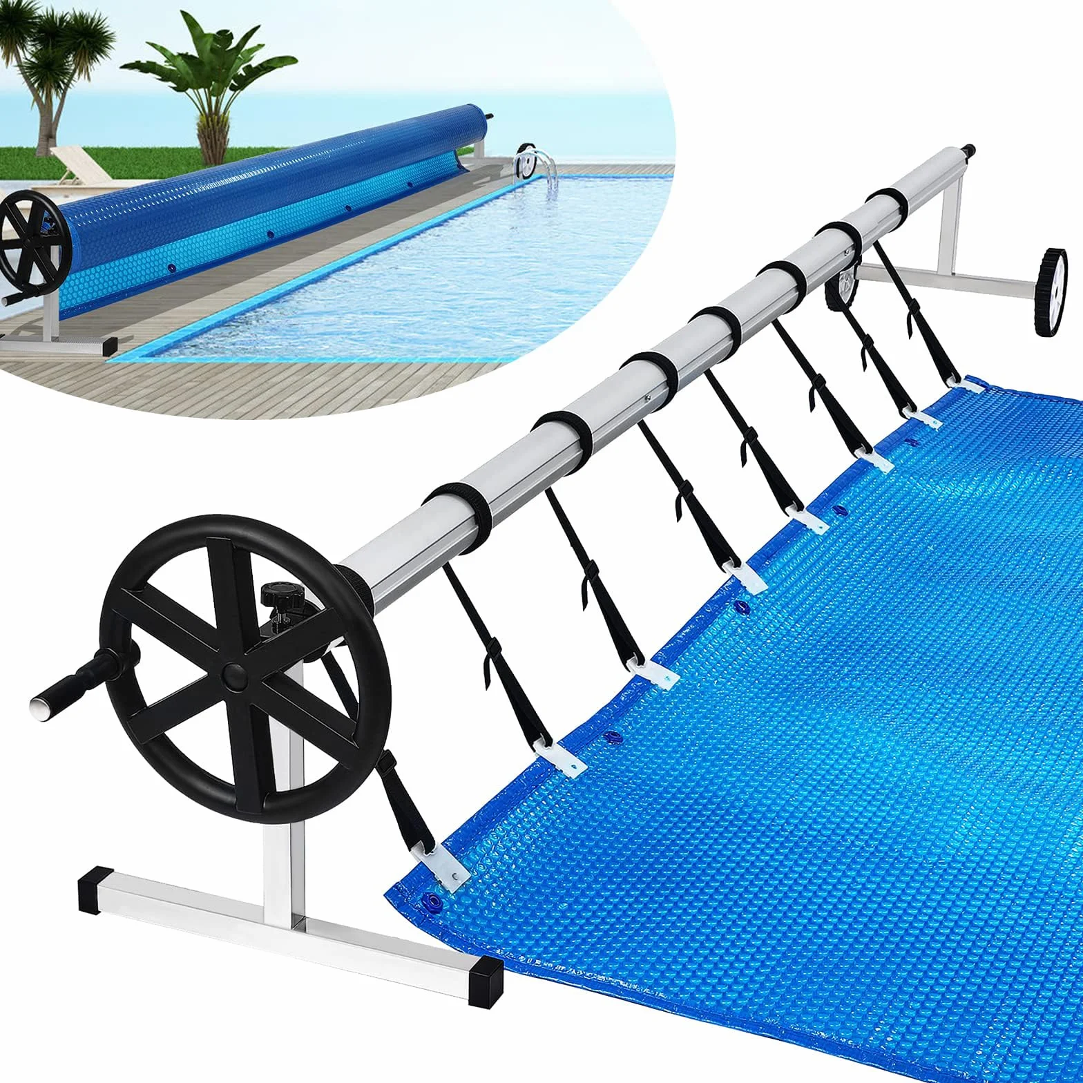 YUENFONG Sistema Enrollable móvil de Acero Inoxidable para Lona Solar, Lonas de Piscina, Enrollable móvil Ajustable, con Ruedas y Correas, Material Resistente a la Intemperie (3m-5,70m)