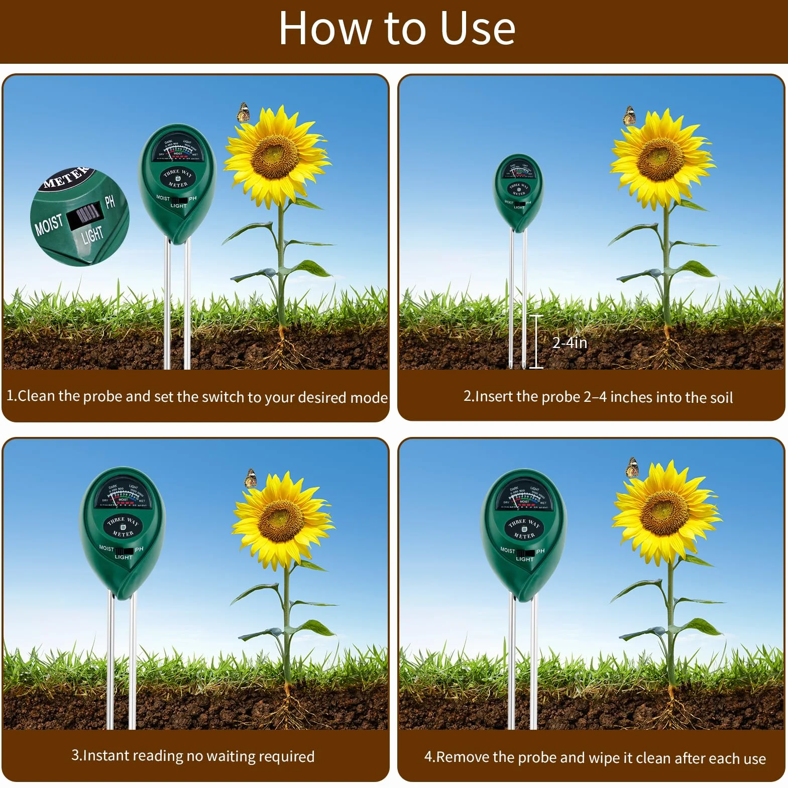 Medidor de pH 3 en 1 para medir la humedad del suelo, medidor de luz solar del suelo, indicador de riego de plantas, kit de prueba de suelo para jardín, granja, kit de prueba de suelo preciso