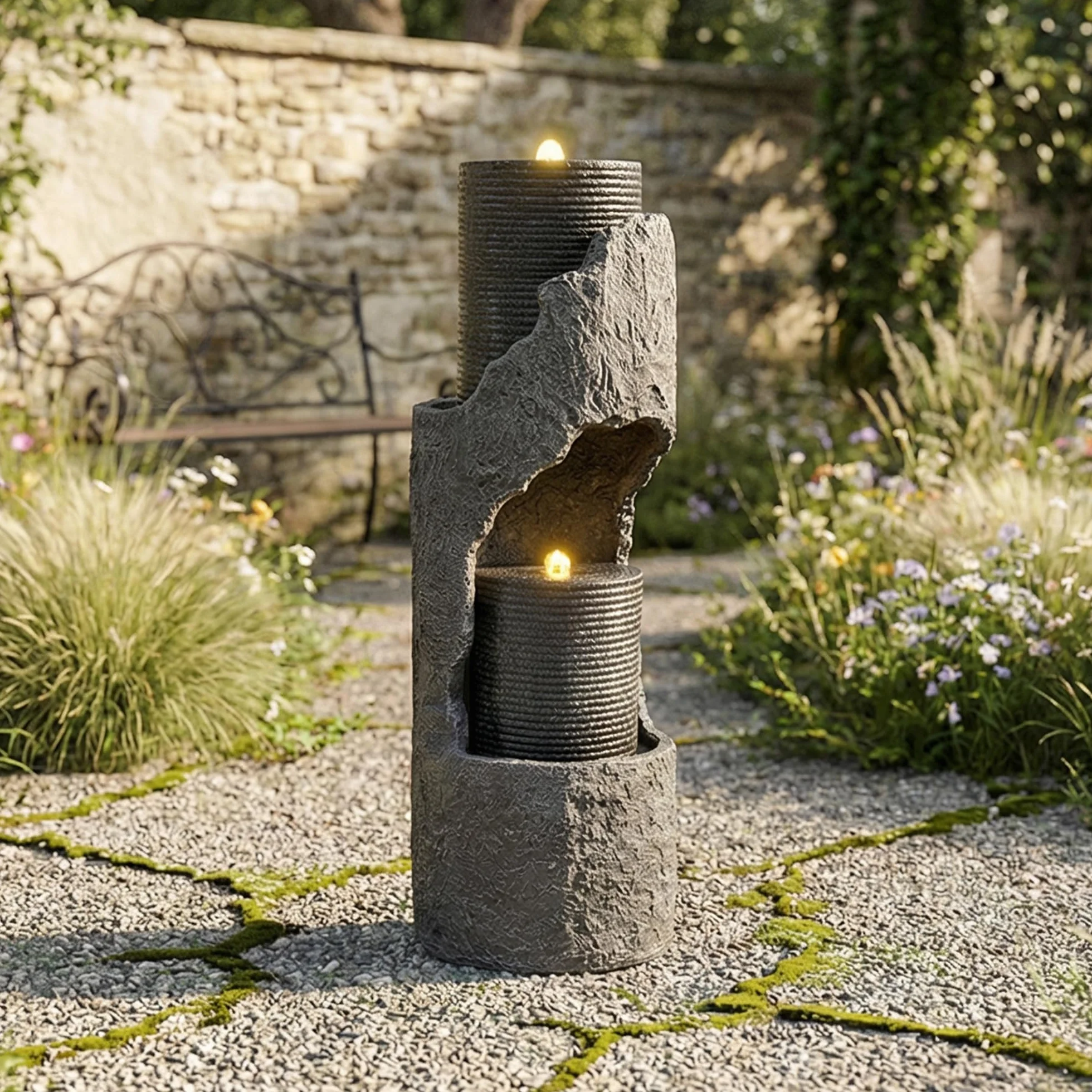Fuente de Agua para Jardín y Exteriores, Fuente de Jardín con Iluminación LED, Cascada de 2 Niveles para Patio, Fuente Decorativa con Bombas, Decoración de Interior para Terraza (Gris)