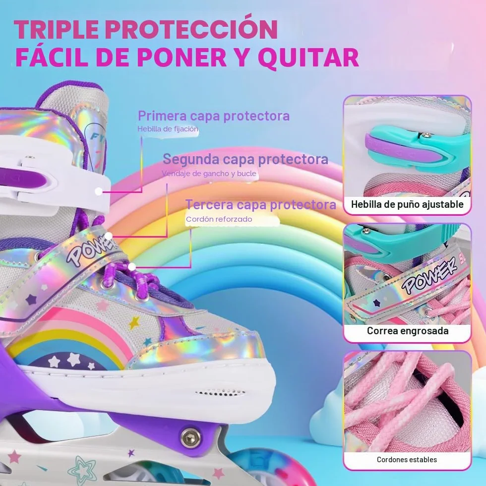 Patines en Línea Ajustables para Niños Principiantes, Patines de Ruedas Violeta Arco Iris