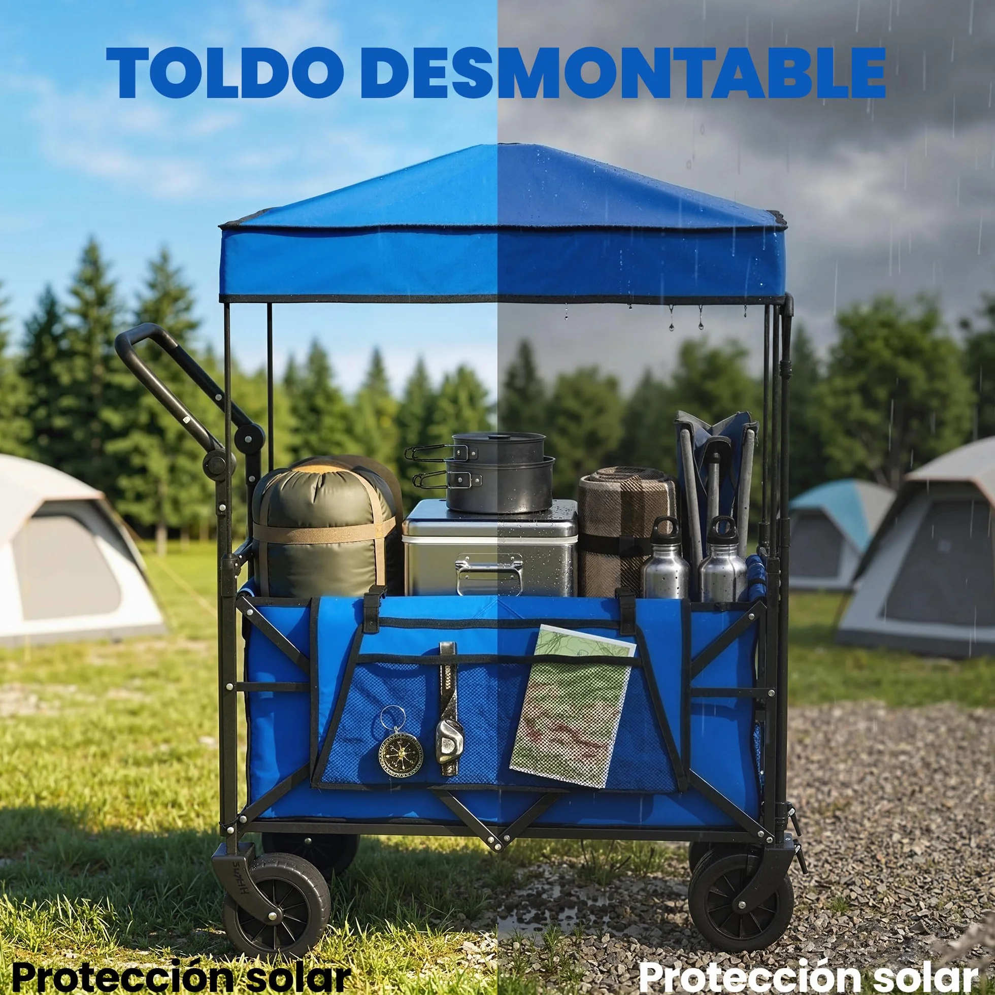 Outsunny Carro Playa con Ruedas Grandes con Freno, Techo Extraíble, Carro Plegable para Jardín con Barra Ajustable, Portavasos y Bolsillos, Carga 100 kg, para Todo Terreno, Campaña, Compras, Azul