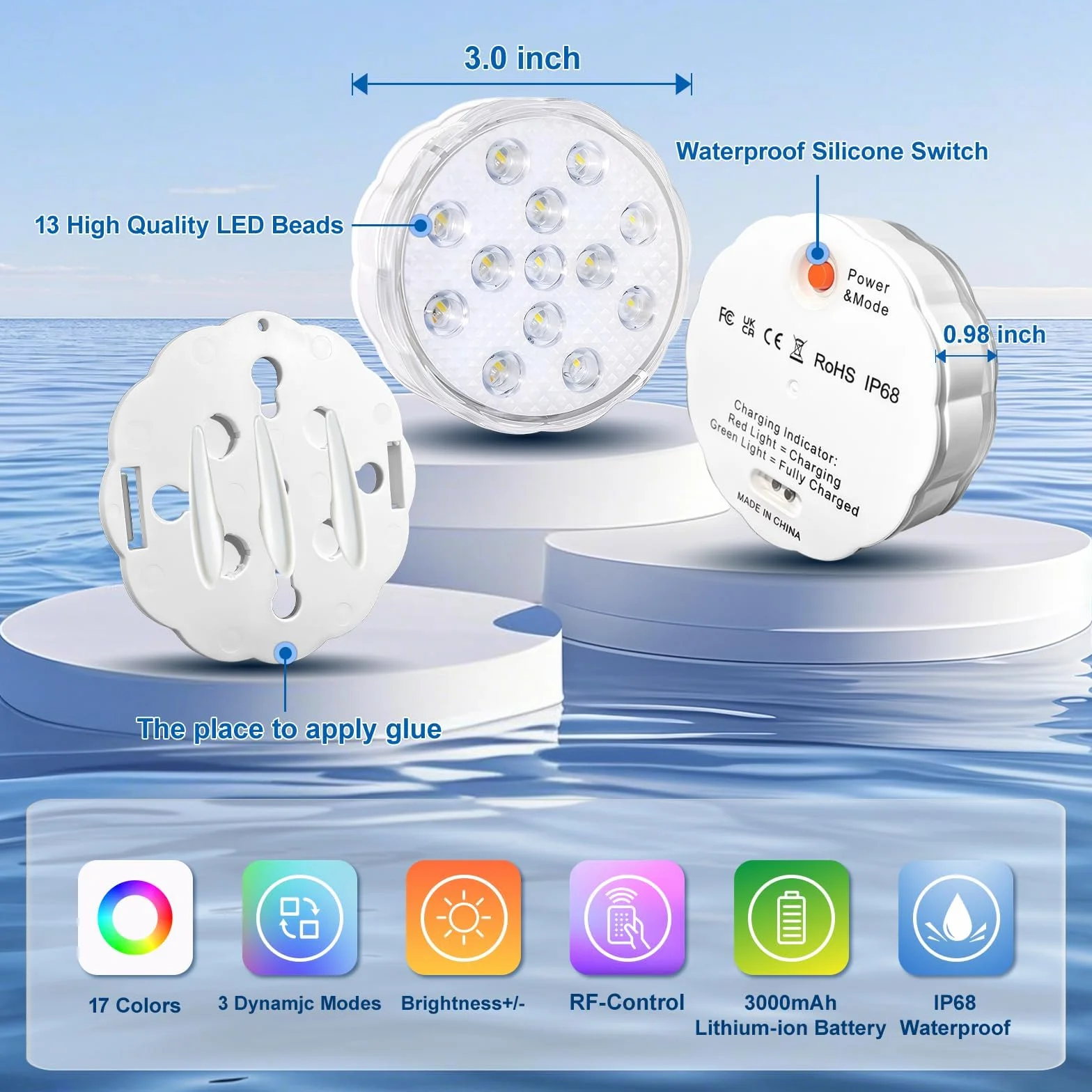 daphomeu 2Pcs Luces Recargables para Piscina con Mando a Distancia, Luces Sumergibles Impermeables IP68 para Piscinas Elevadas y Enterradas, Baños, Duchas, Decoración de Fiestas, Spas, Acuarios