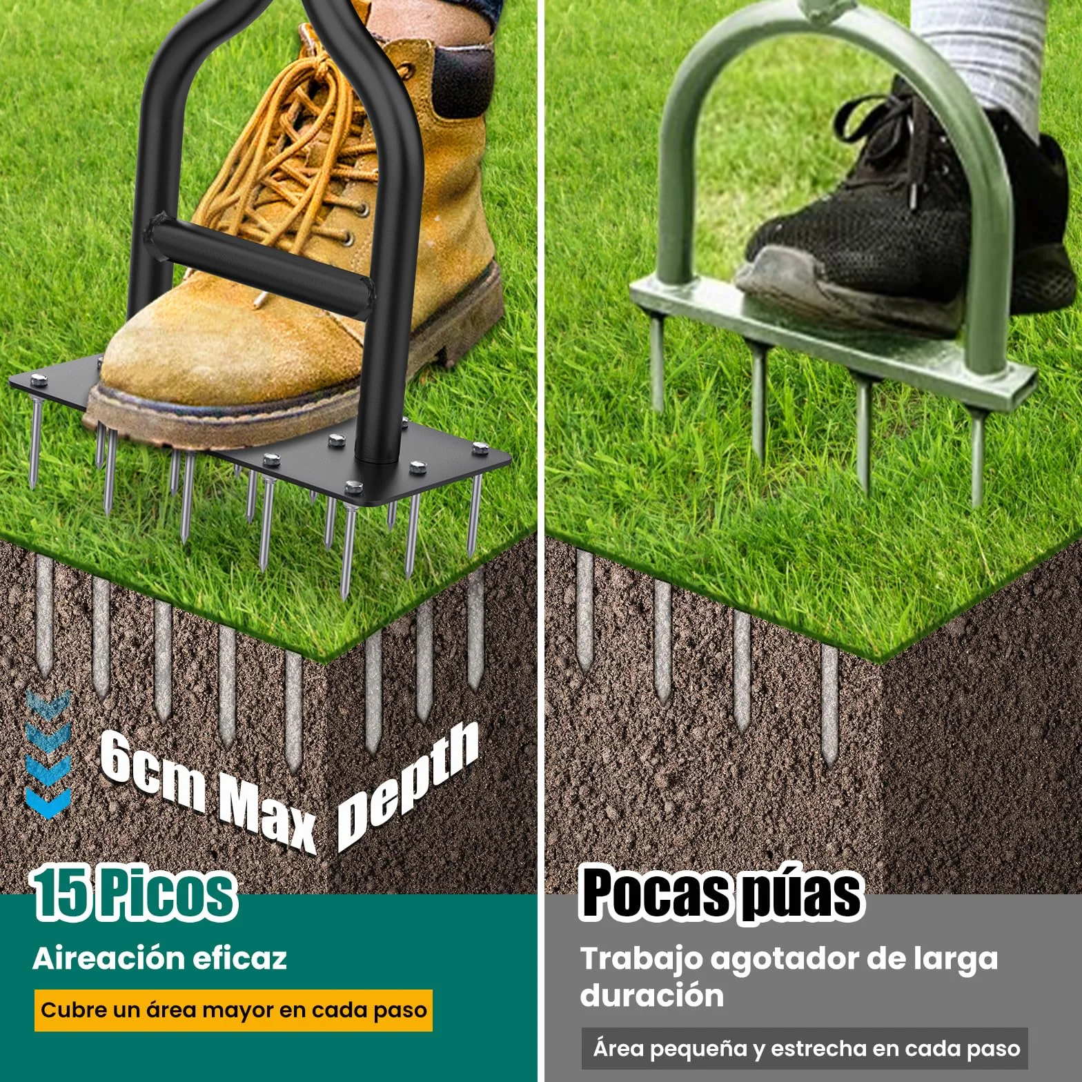 HYCHIKA Aireador Cesped para Cuidado de Suelo y Césped, 15 Pinchos de Acero Macizo, Mango en Forma de T, Escarificador de Cesped Herramientas hortícolas