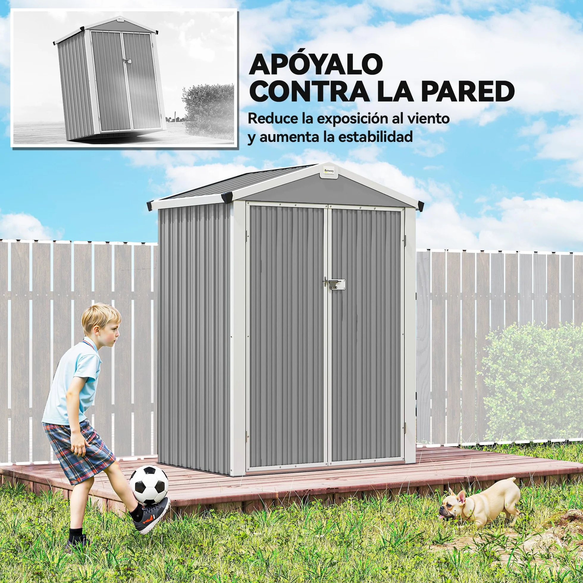 Outsunny Caseta de Jardín Exterior 1,1 m², 133x87x178 cm, Cobertizo Metálico con Puertas Abatibles Dobles, Techo a Dos Aguas y Guantes, Almacenaje de Herramientas y Bicicletas, Gris