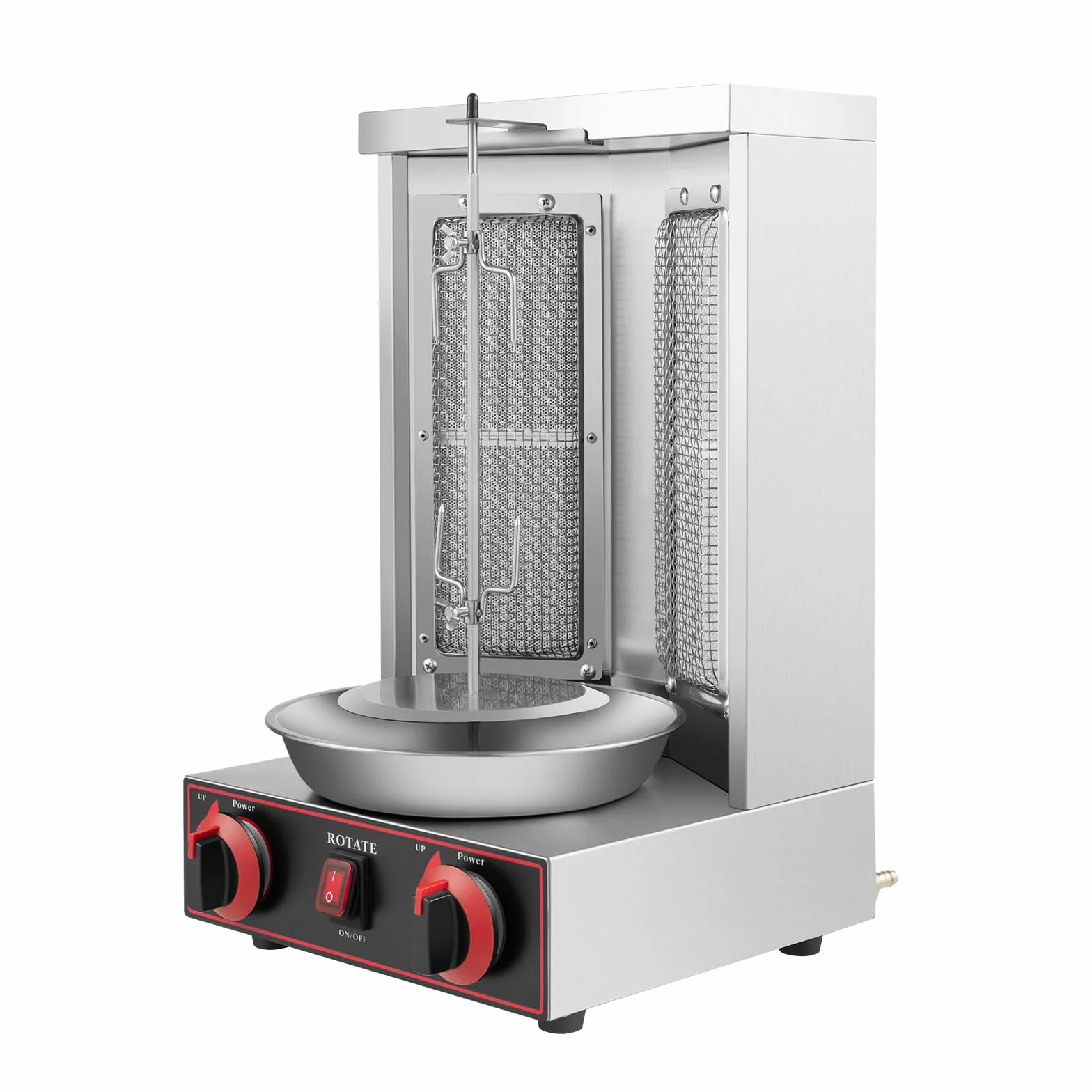Dönergrill Gas Kebab Machine 3000W, giratorio 360°, 2 quemadores de gas, parrilla de acero inoxidable Shawarma Broiler Machine con bandeja superior, pies antideslizantes, conexión de gas, cable de