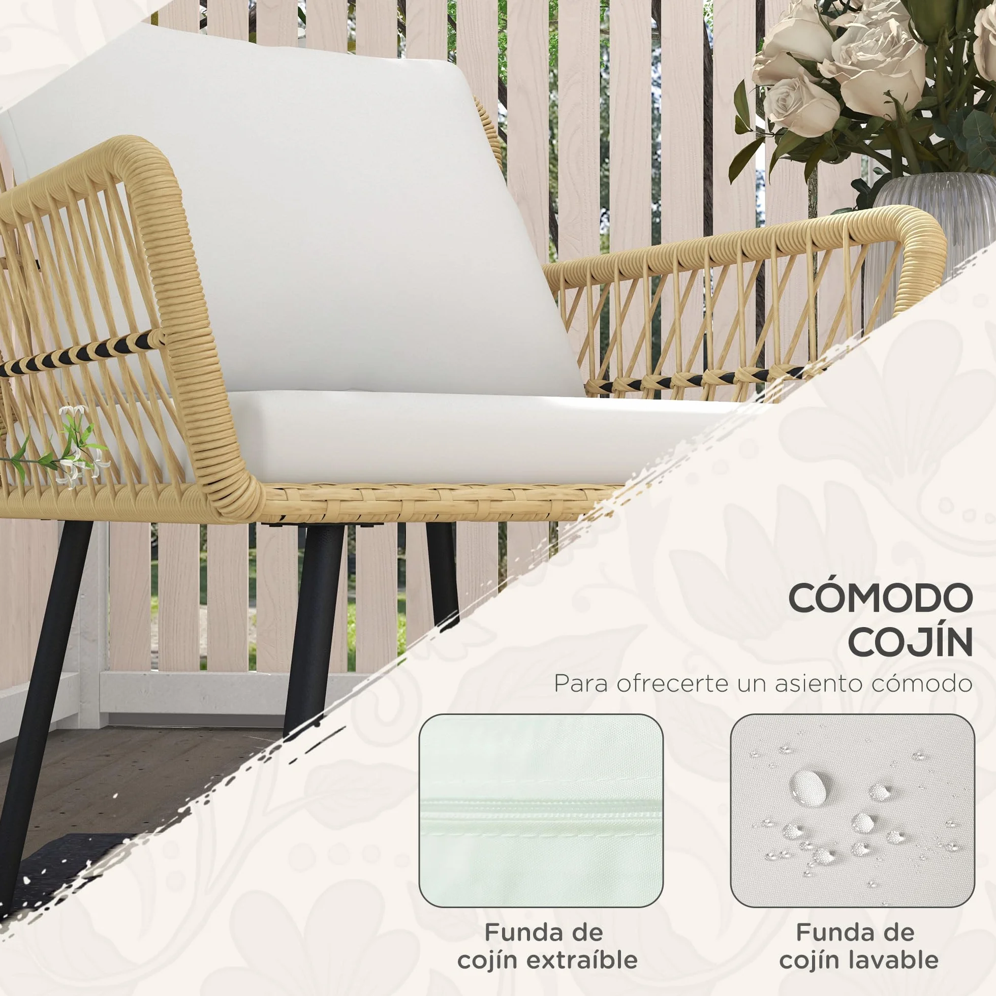 Outsunny Conjunto de Muebles de Jardín Juego de 3 Piezas Sillas y Mesa de Ratán con 2 Sillas 1 Mesa de Centro Redonda y Cojines para Terraza Césped Balcón Natural