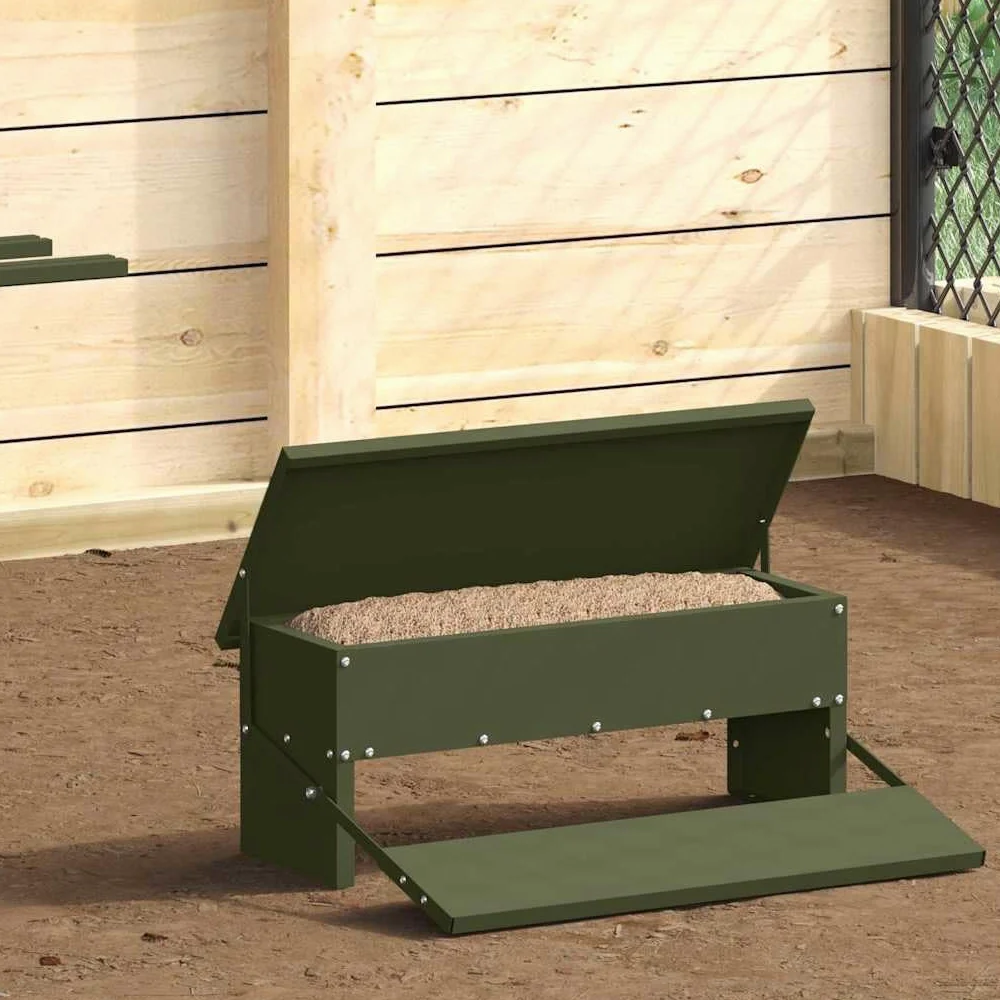 Comedero para patadas de pollo de acero laminado en frío, color verde oliva, 48,5 x 39,5 x 19 cm, capacidad de 5 kg, resistente a la intemperie, para interior y exterior, comedero automático