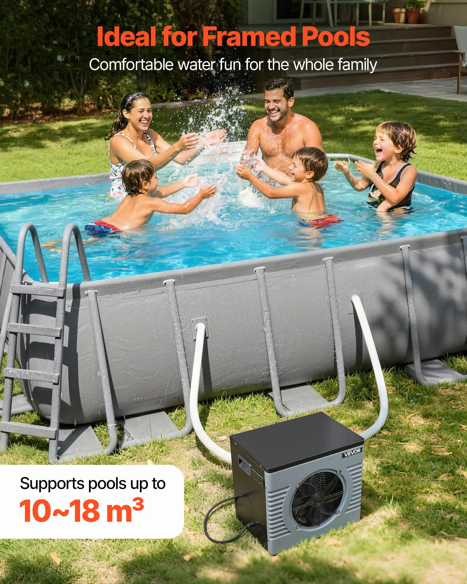 VEVOR Bomba de Calor para Piscina Elevada 4,92 kW 2,3 GPM 0,3-0,5 MPa, Calentador Eléctrico de Piscina de 10 a 18 m³, Bajo Nivel de Ruido, Temperatura de Calentamiento de 15 a 40 °C, para Natación