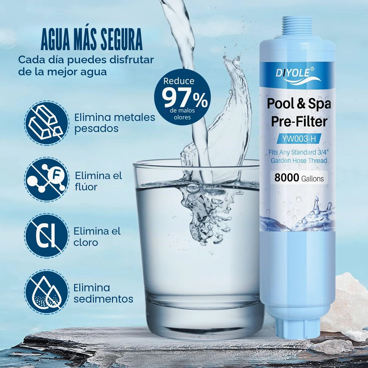 Filtro de manguera de jardín para llenar piscina, jacuzzi, spa, reduce considerablemente los sedimentos, cloro, metales pesados y olores, rosca estándar de manguera de jardín de 3/4 pulgadas,
