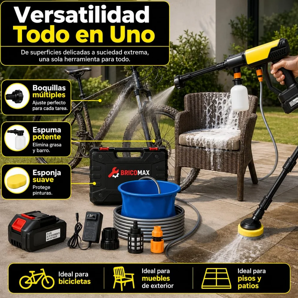 Hidrolimpiadora Batería Premium para Limpieza Alta PRESIÓN sin Cables 48V y Esponja - Pistola de Agua a Presión con Cubo Portátil - Hidrolavadora Portátil para el Coche, Jardín y Exteriores