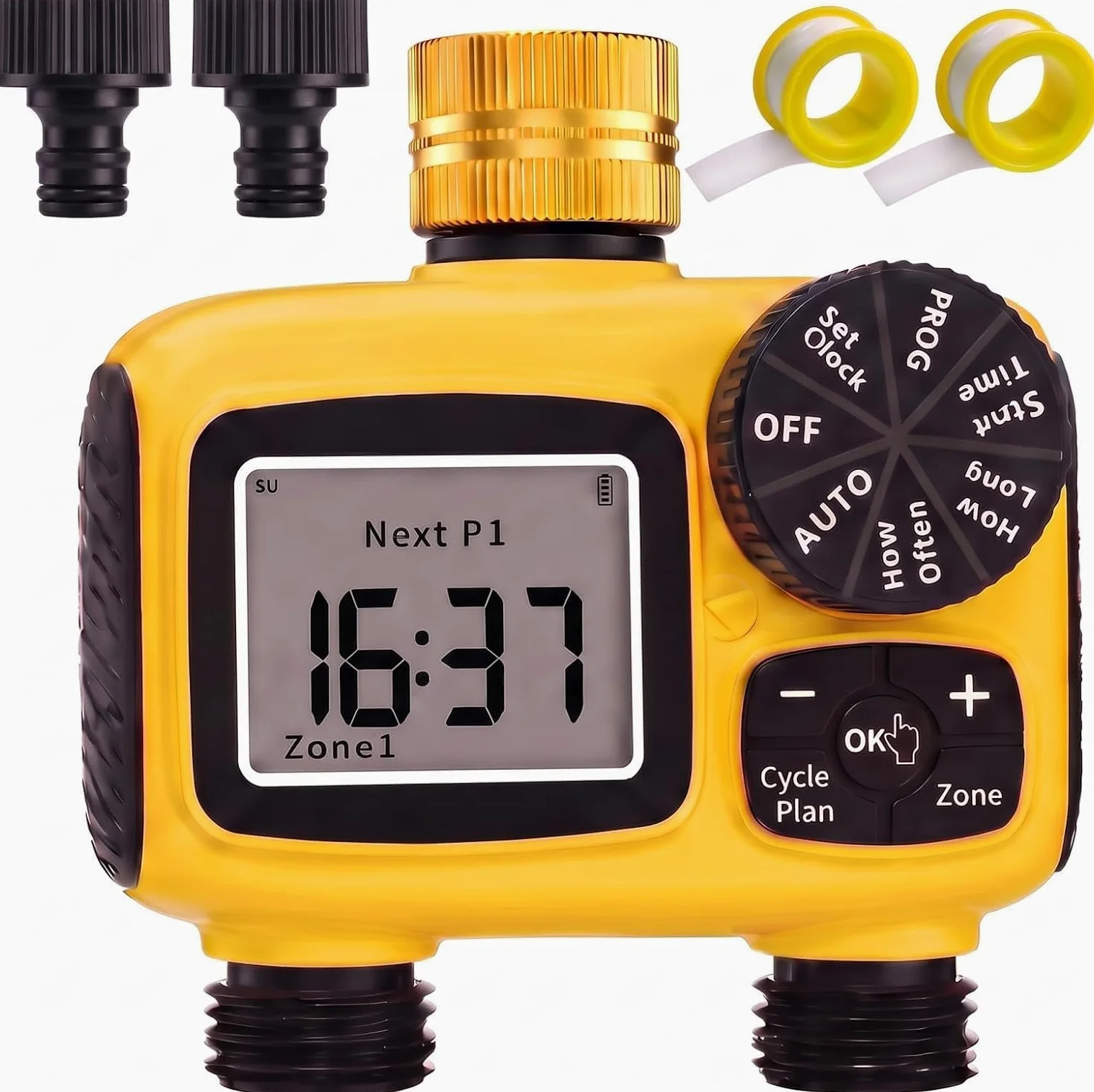 MQUPIN Ordenador de riego, 2 salidas, conexiones de latón | Temporizador de agua LCD con retardo de lluvia, protección para niños, IP55, doble zona, para jardín, césped, huertos
