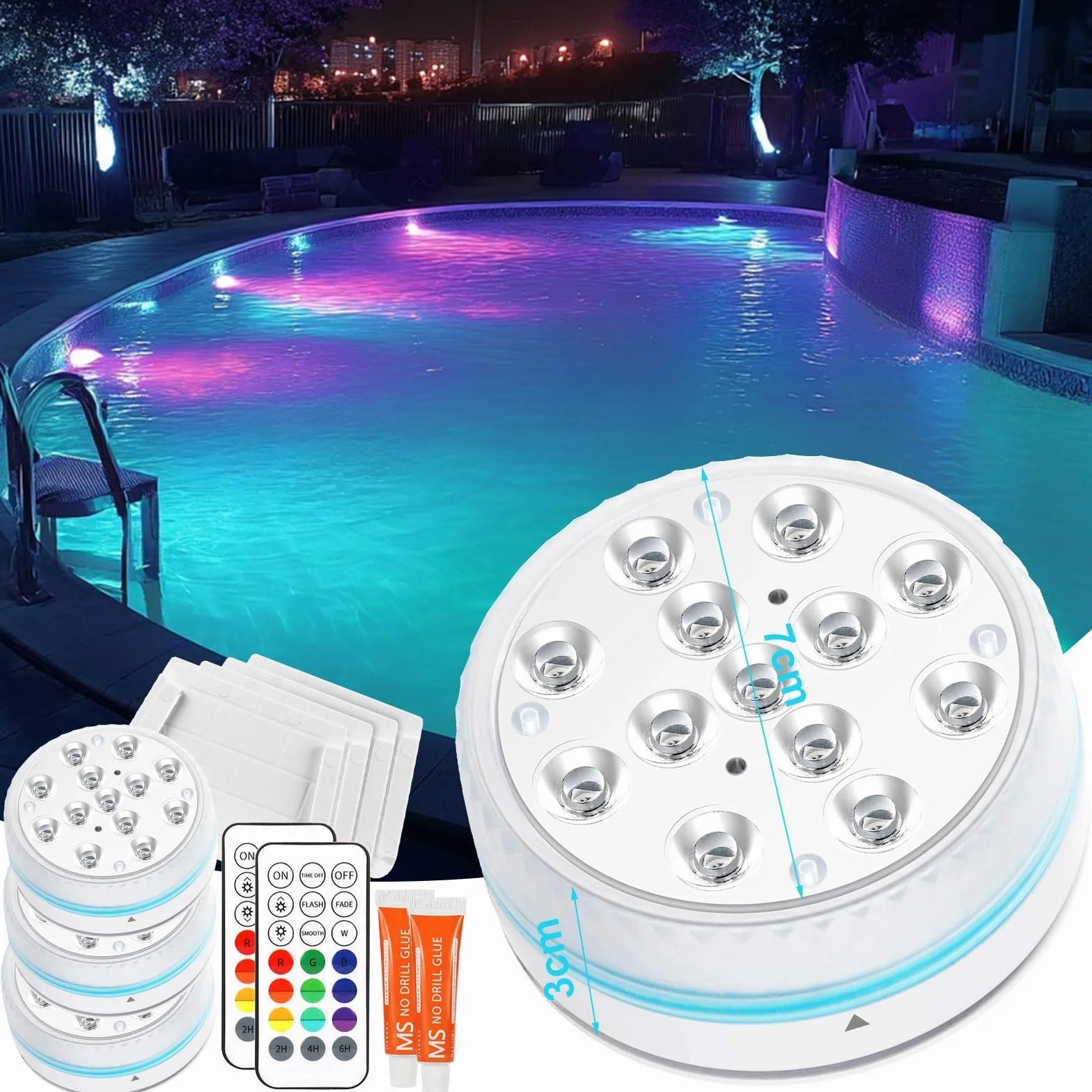 Iluminación subacuática para piscina, magnética, LED, con mando a distancia, IP68, LED, resistente al agua, para piscina, estanque, acuario, iluminación, 4 unidades
