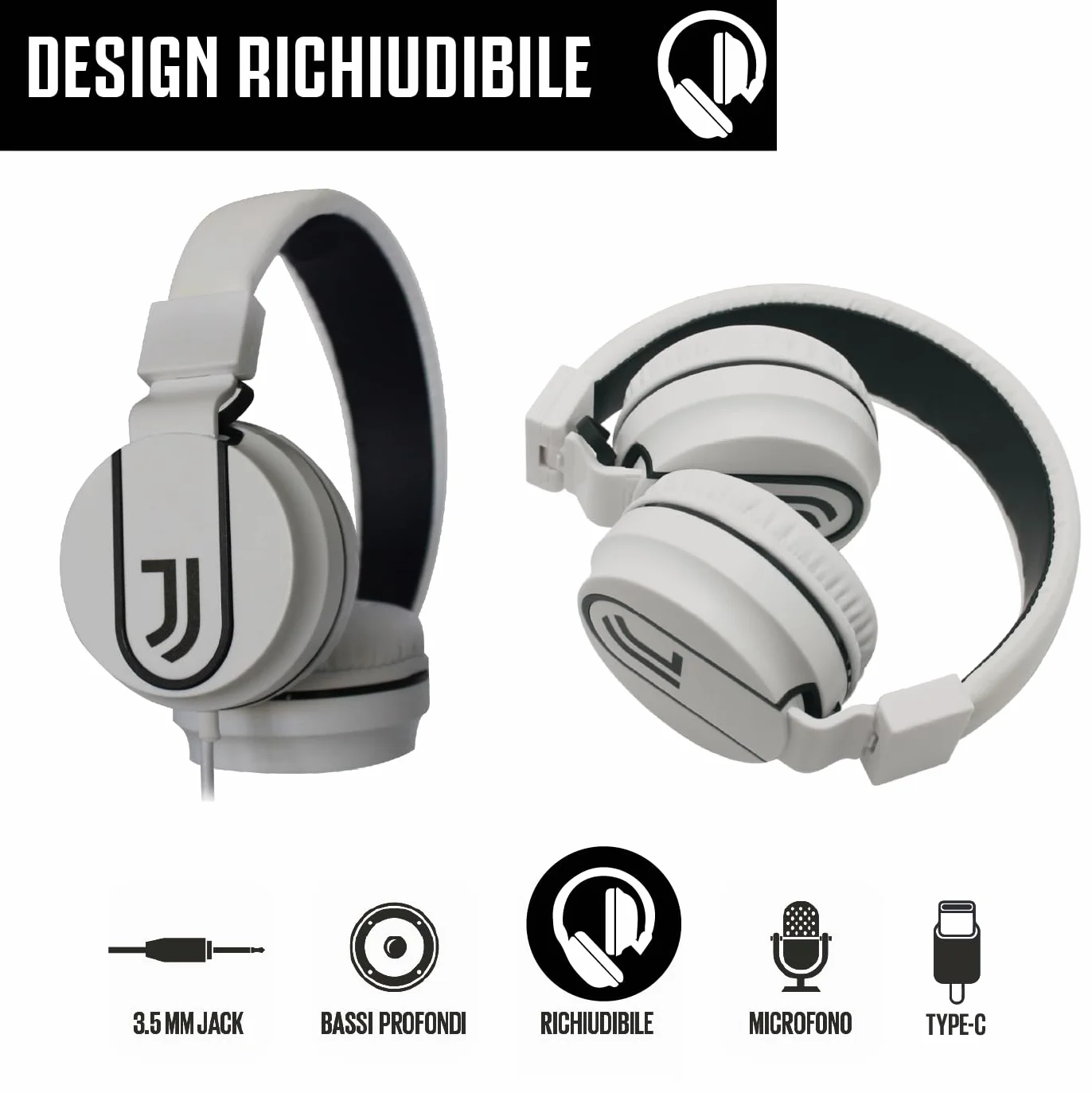 TECHMADE Juventus Football Auriculares On-Ear con Cable AUX Blanco/Negro Adaptador USB C