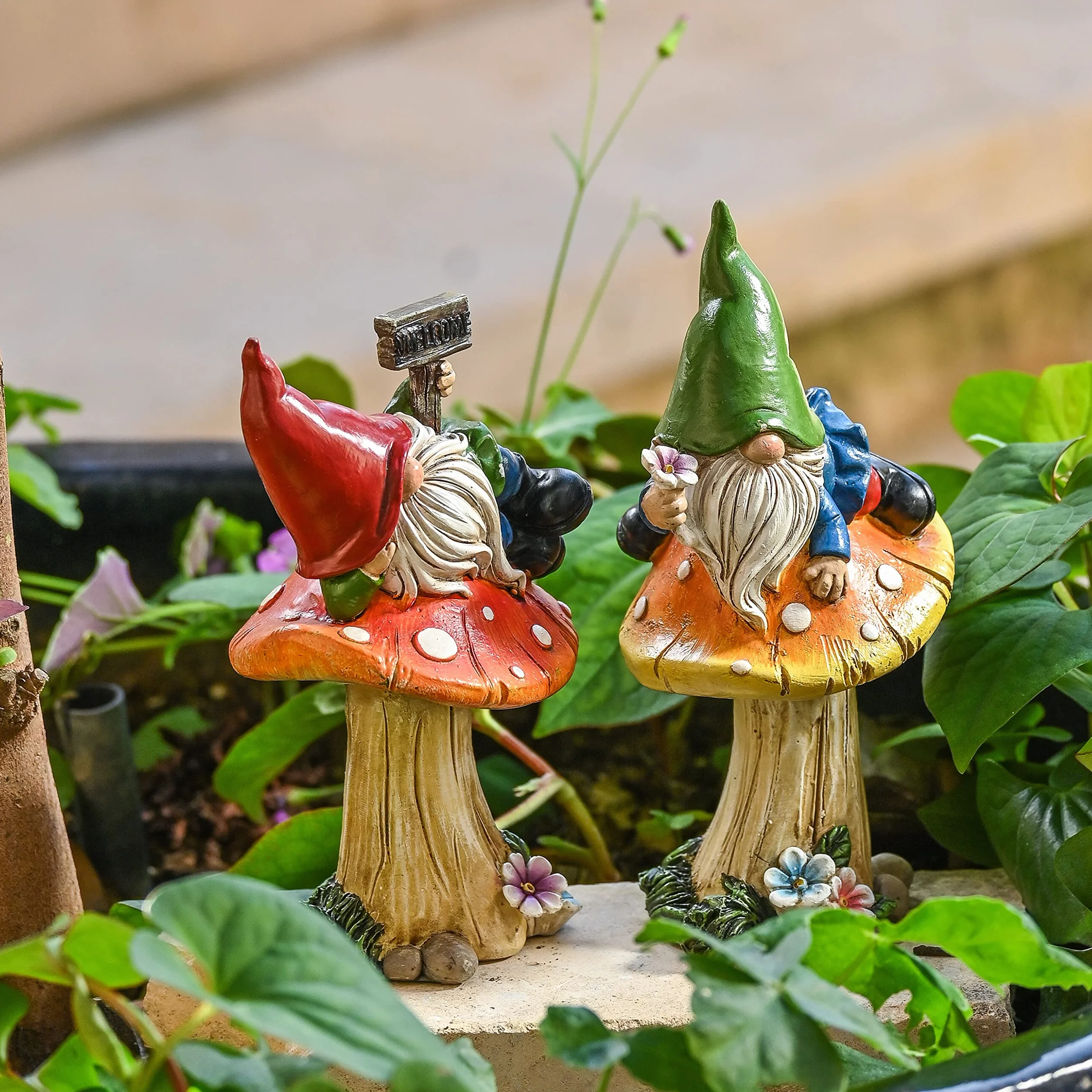 Teresa‘S Collections Set de 2 Gnomos sobre Hongos para Jardín, Adornos Jardin Exterior, Patio y Porche, Regalo de Cumpleaños y Casa Nueva (L)