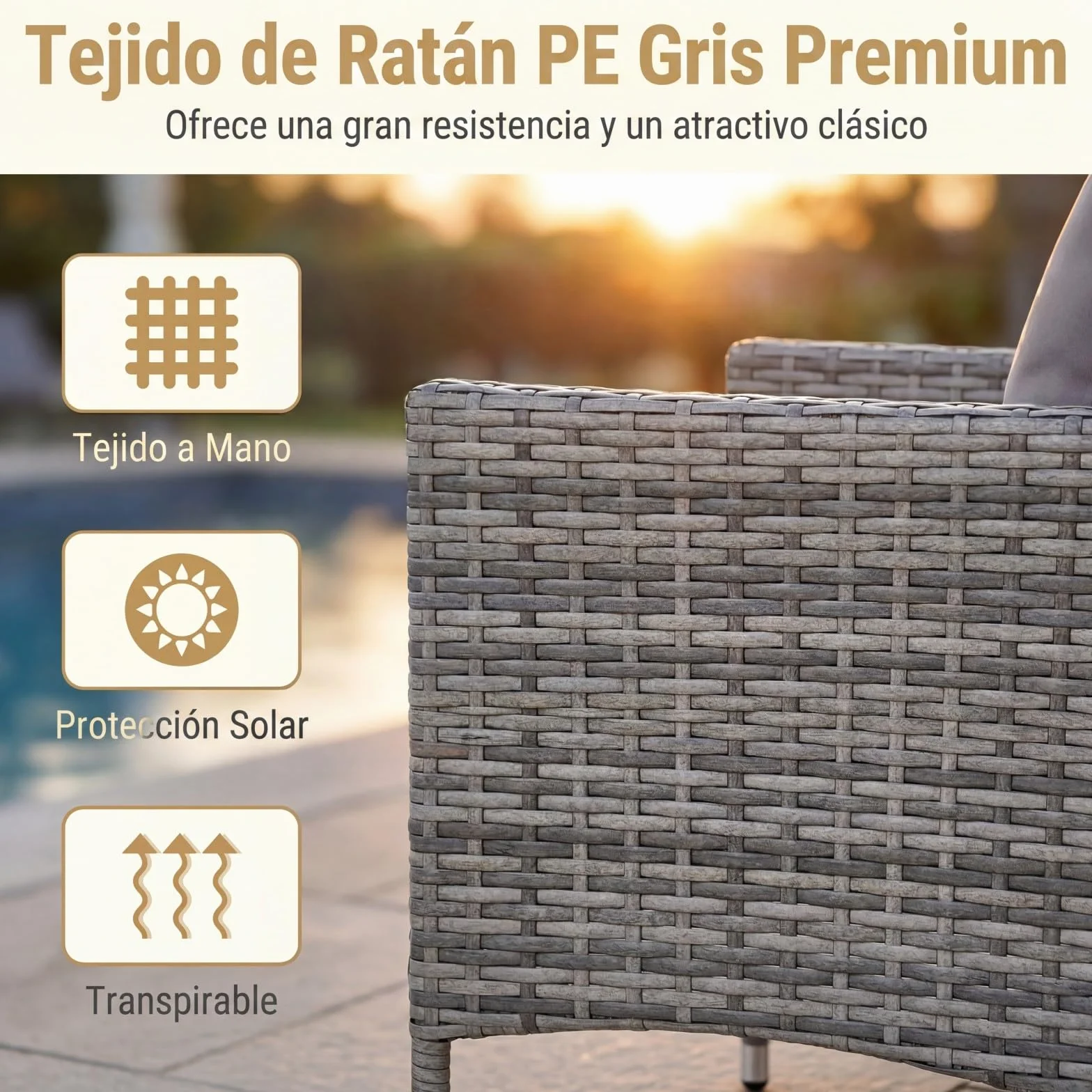 GIANTEX Juego de Muebles de Jardín 3 Piezas, 2 Sillones con Cojines y 1 Mesa con Tablero de Cristal, Conjunto de Muebles de Ratán para 2 Personas, Juego de Bistró para Balcón, Patio (Gris)