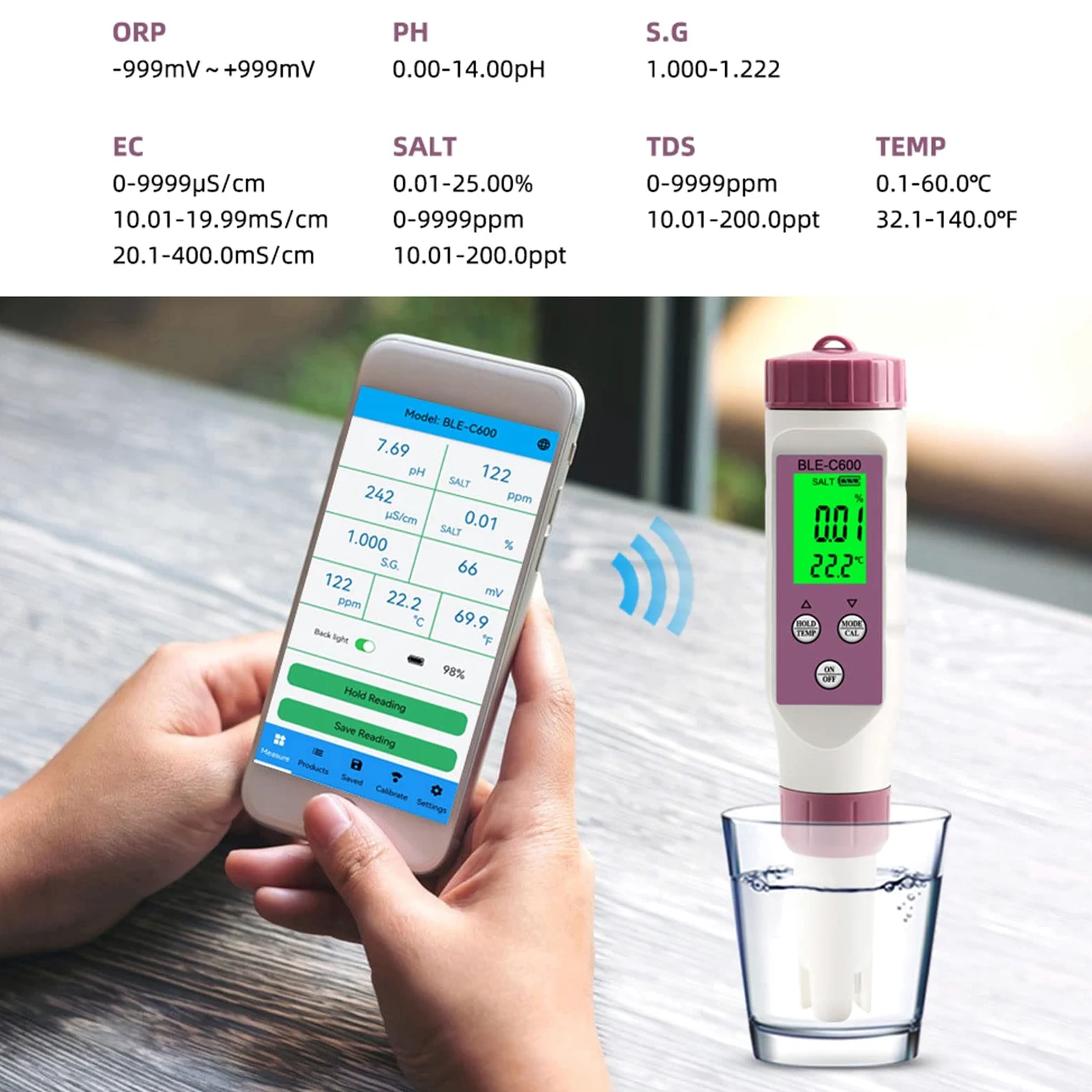 Zunate Medidor de PH Digital, 7 en 1 Bluetooth PH, TDS, EC, ORP, SG, Bolígrafo Probador de Salinidad Y Temperatura 0.01 Alta Precisión para Bebidas Domésticas, Hidroponía, Piscinas Y Acuarios