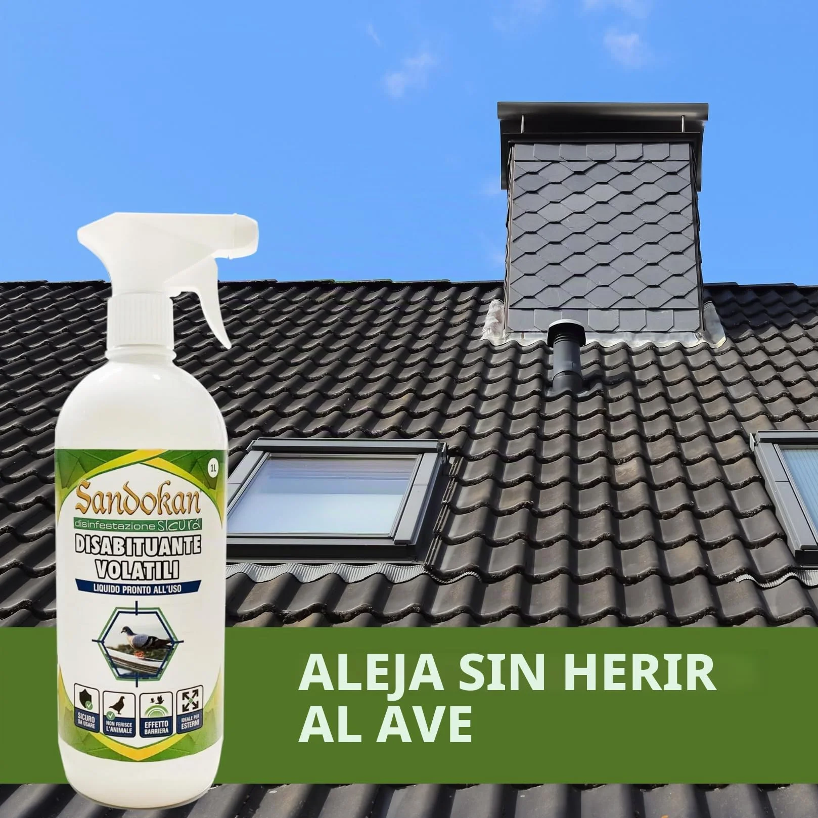 Sandokan Ahuyentador de Palomas Spray 1 Litro, Repelente Natural de Aves Listo para Usar, Disuasorio Líquido para Balcones y Ventanas Sin Gas, Fabricado en Italia
