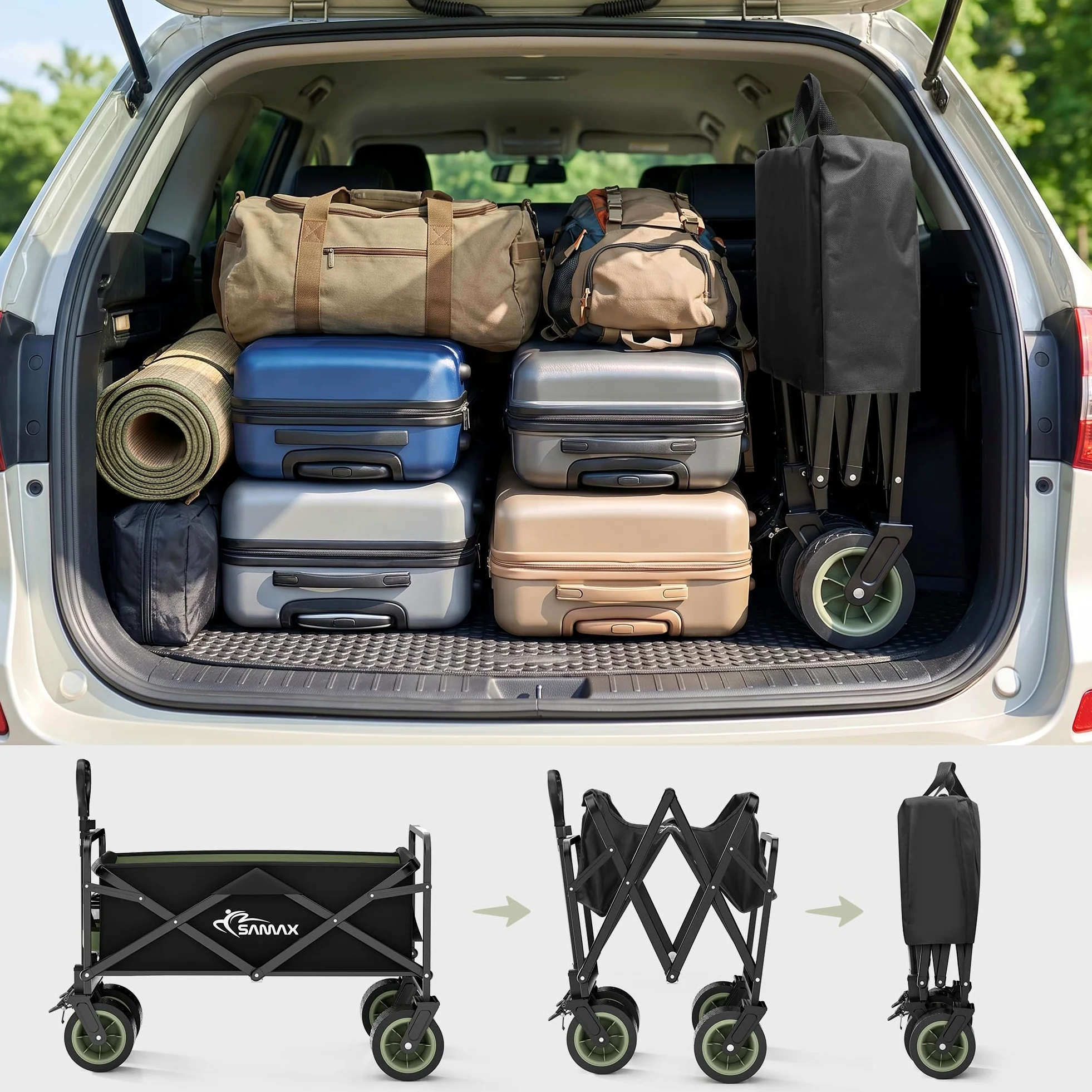 SAMAX Carrito de Offroad a Mano Plegable Coaster Carretillas de Jardín Playa de Carro Offroad 200 kg - Camping Edition Negro/Verde Matcha