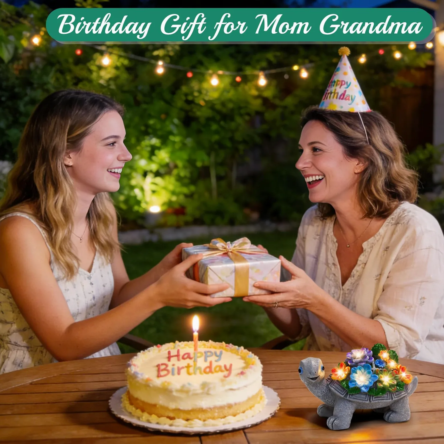 Decoracion Jardin Exterior de Tortuga, Linkax Regalo Dia de la Madre Originales, Adornos Jardin Exterior con suculentas y Luces solares LED, Regalo Original Navidad para Mujeres Hombre Madre