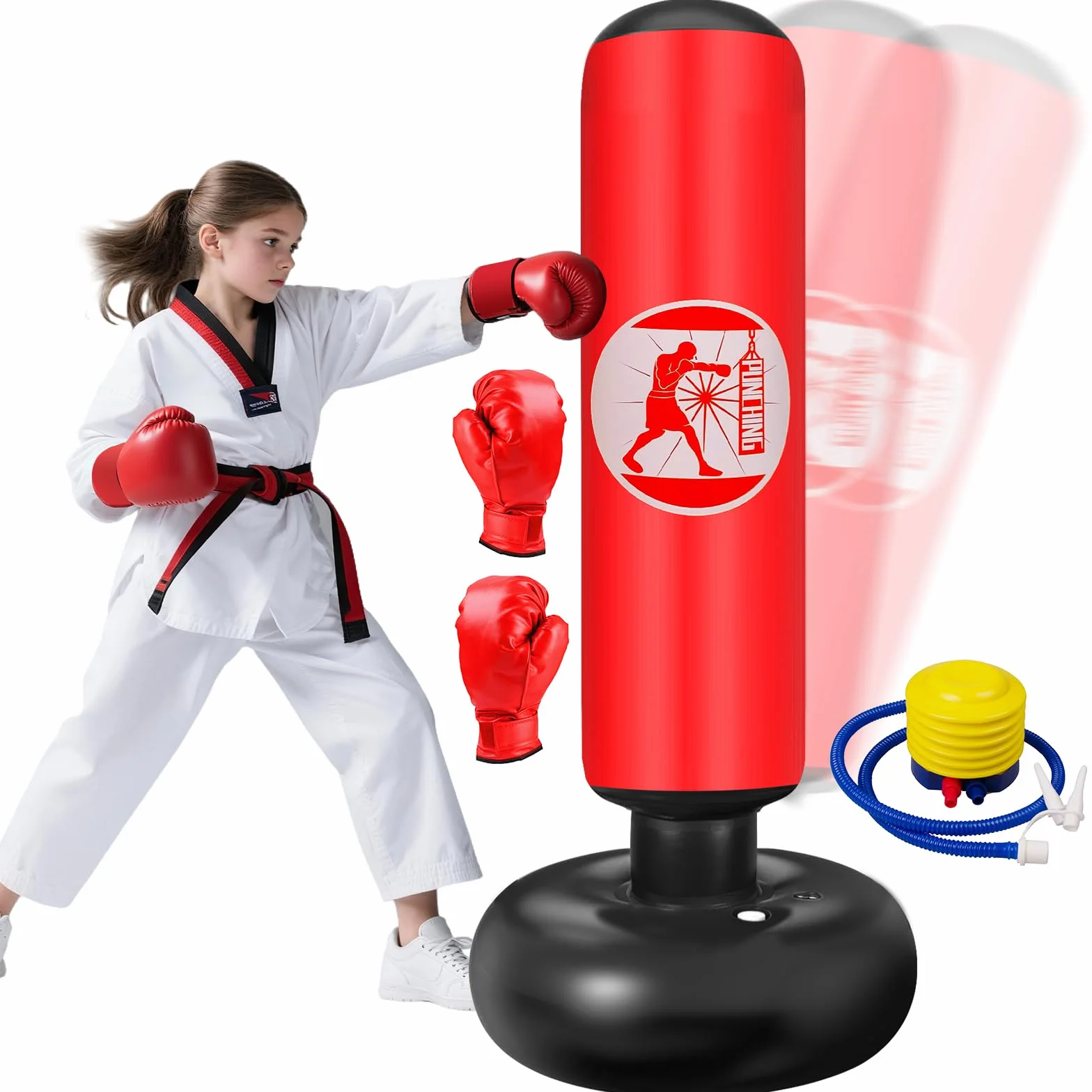 Qoosea Saco de Boxeo Niños 160cm con Bomba de Aire y Guantes, Bolsa de Boxeo Inflable Estable para Karate Kickboxing MMA