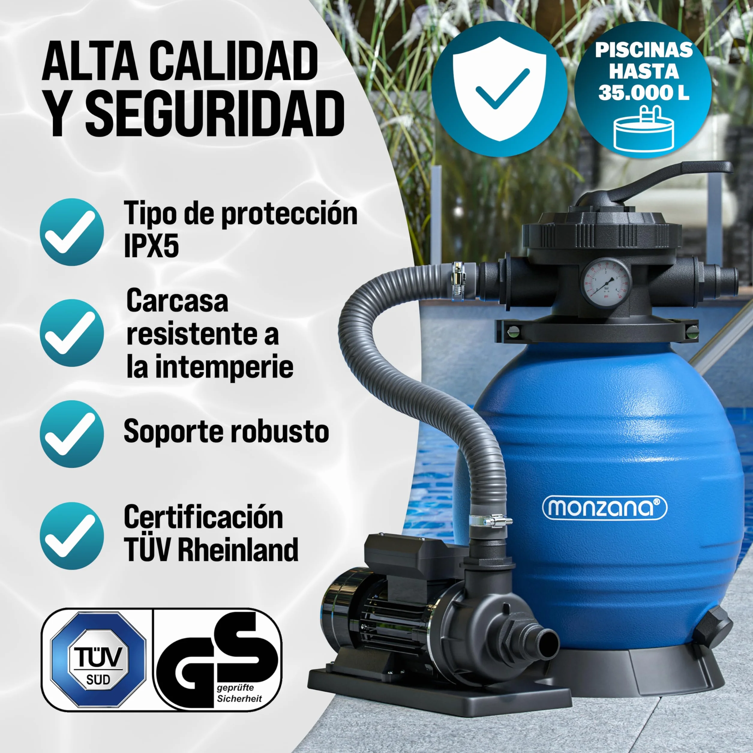 MONZANA® Depuradora Piscina 10.200 L/h Filtro de Arena hasta 35.000 L Bomba 400W Válvula 7 Funciones Filtrado Adaptador Ø32-38 mm Indicador de Presión