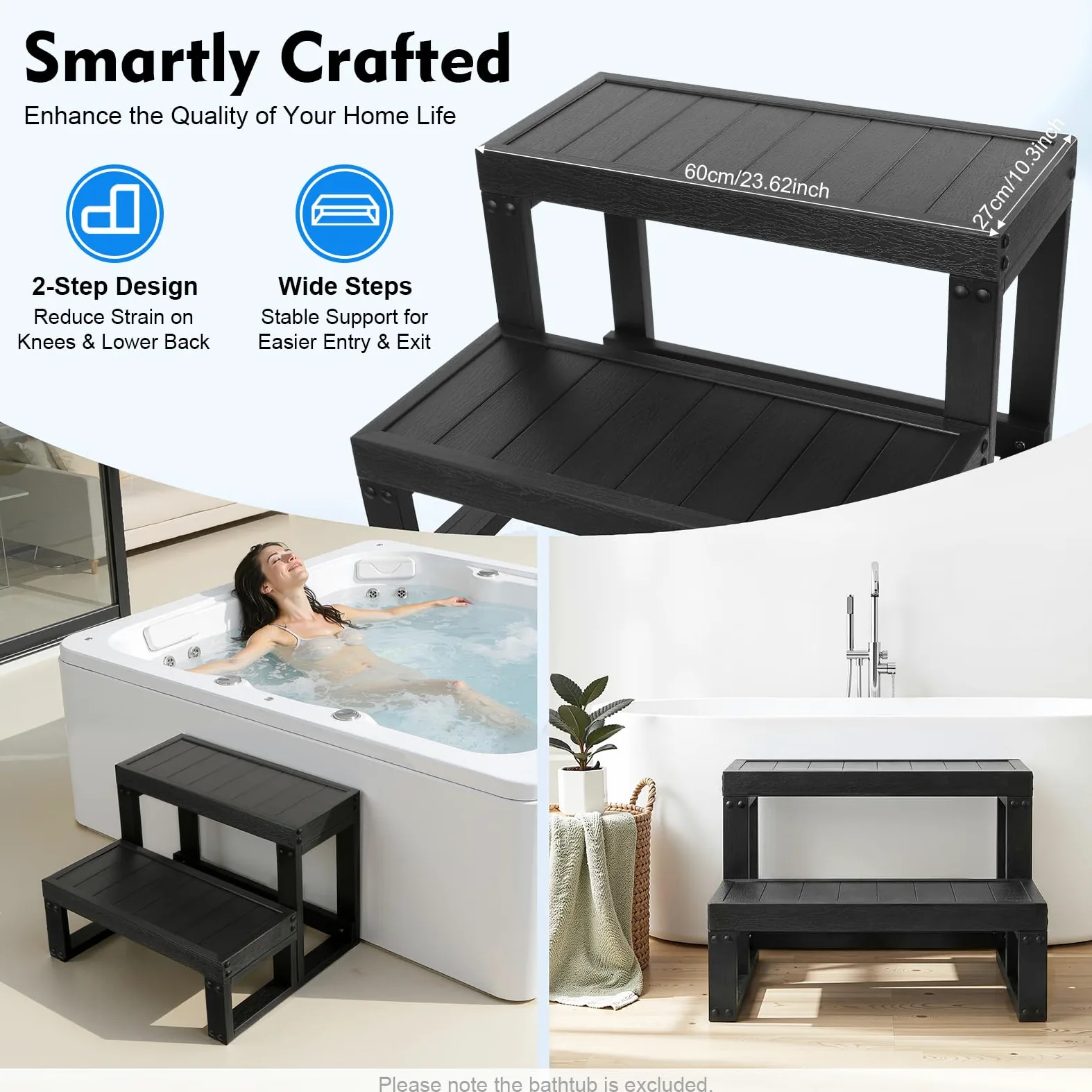 Escalera de 2 peldaños para bañera de hidromasaje, escalón de bañera, escalera antideslizante para piscina, grosor del tablón 15 mm, altura del escalón 21,2 cm, para jacuzzi, piscina y terraza, 60 x