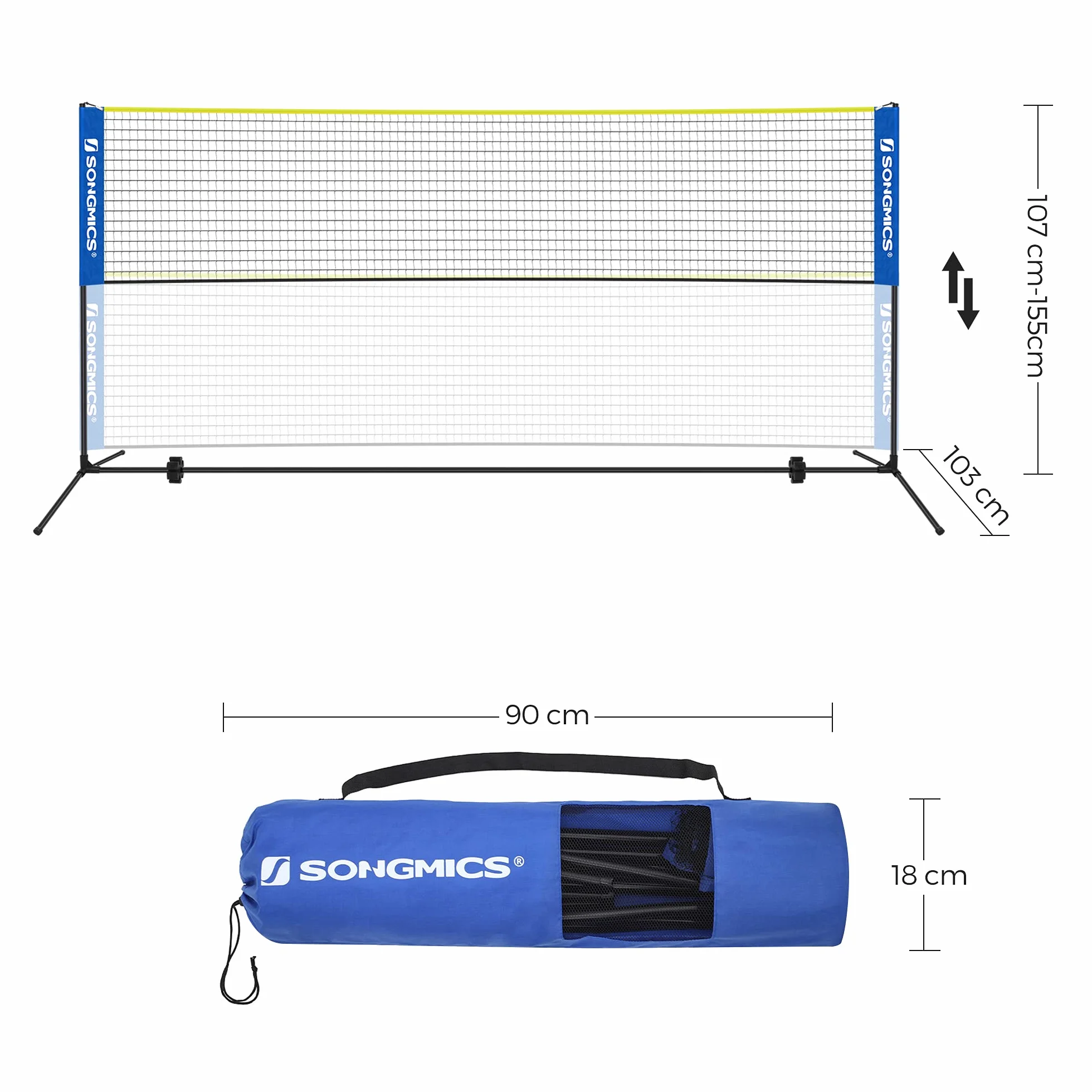 SONGMICS Red de Bádminton 4m, Voleibol, Poste Ajustable, Juego Portátil, Azul y Amarillo