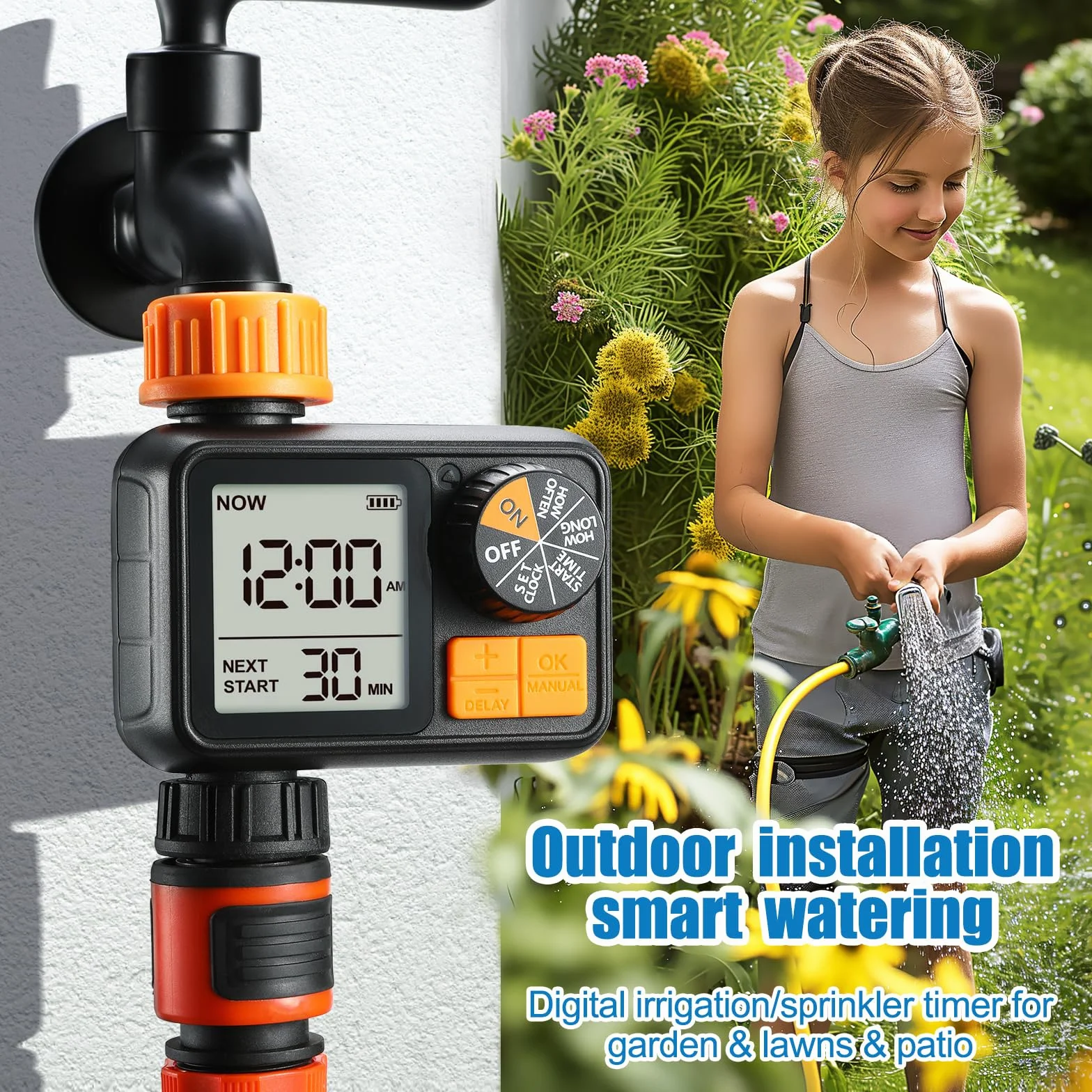 CROSOFMI Programador Riego Automatico Jardin Temporizador Riego IPX5 Resistente al Agua/Retraso por Lluvia/Modo de Riego Manual/Bloqueo para Niños