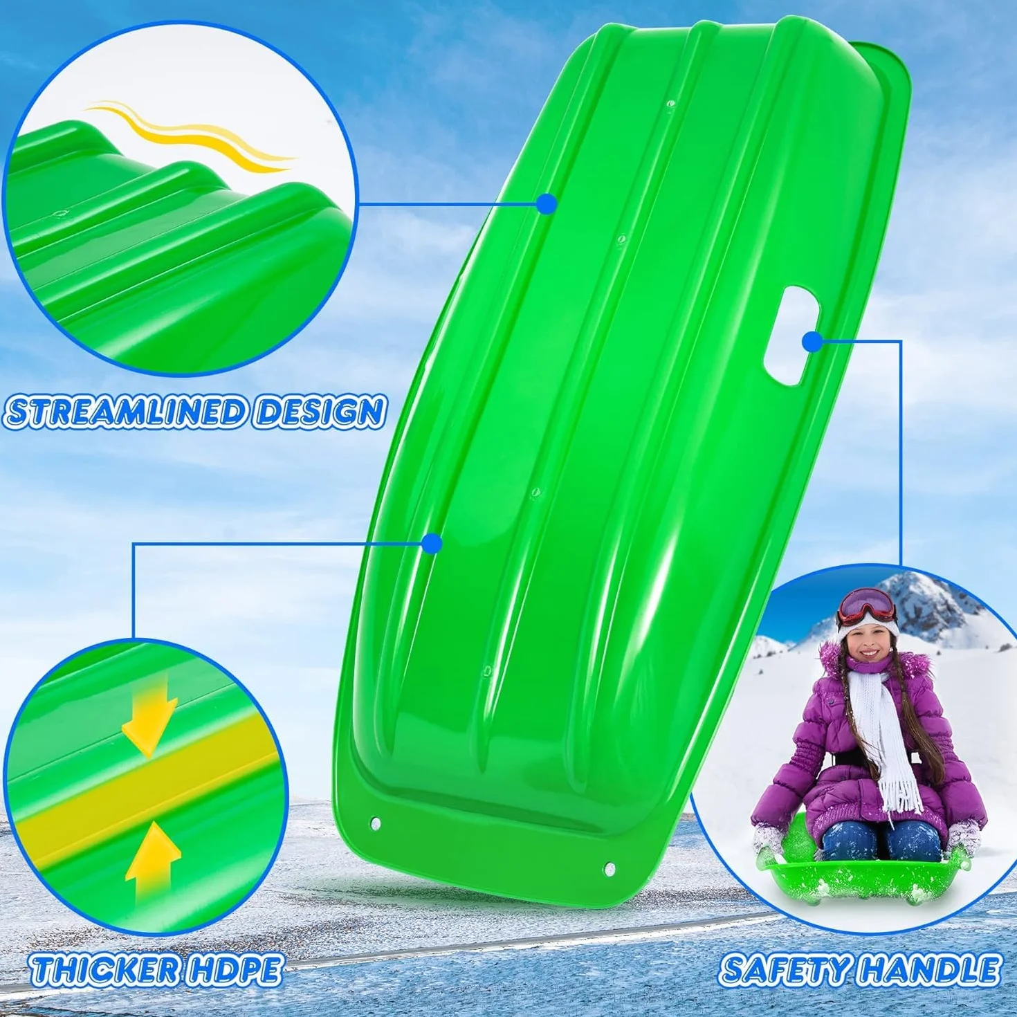 Trineo de Nieve Resistente con Cuerda de Tracción para Adultos y Niños, Tabla de Esquí Deportiva