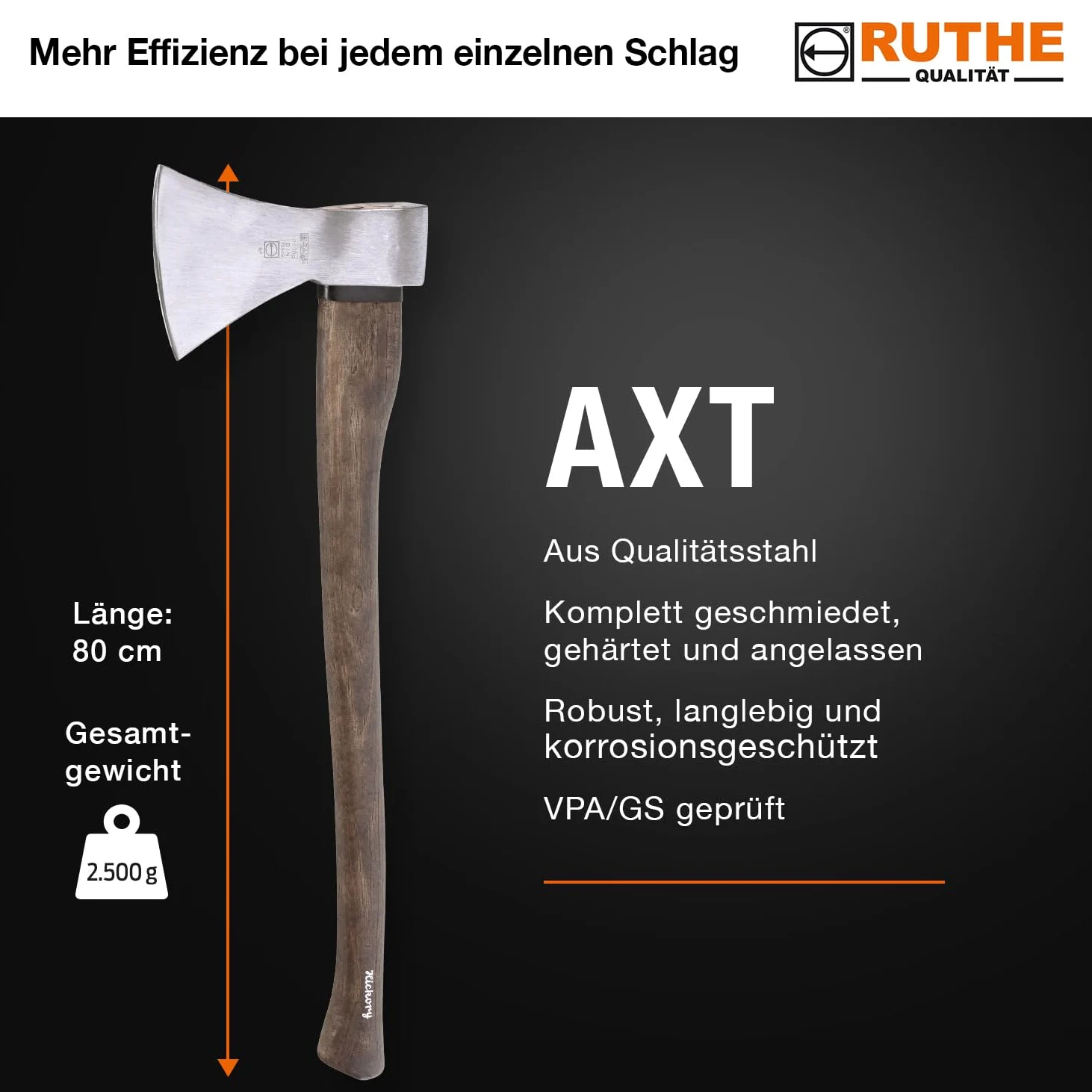 RUTHE Hacha Hickory 1.600 g | Hacha leña Profesional Totalmente forjada y templada | Hachas Bellota con Filo Convexo Pulido | Forjada en una Sola Pieza | Filo Convexo Pulido y Duradero