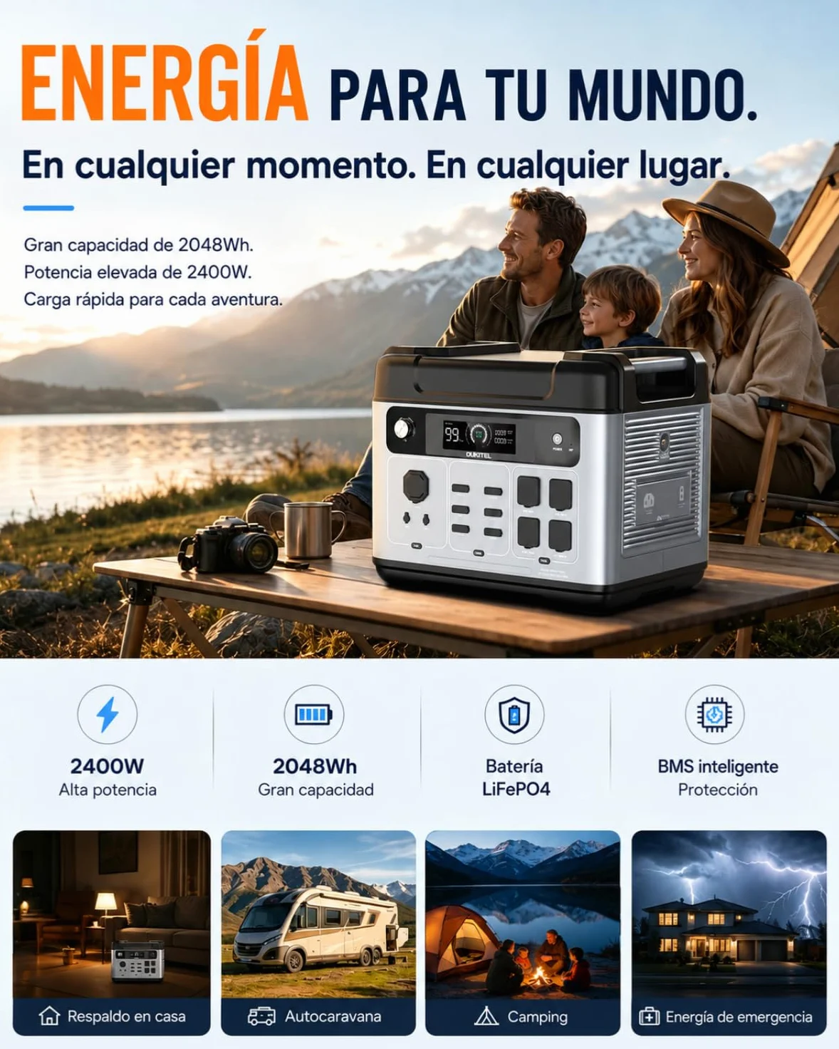 OUKITEL P2001 Plus Estación de Energía Portátil 2048Wh LiFePO4 2400W | Onda Sinusoidal Pura, Carga Rápida 1800W, Respaldo EPS, Generador Solar, Para Casa, Autocaravana, Camper y Camping