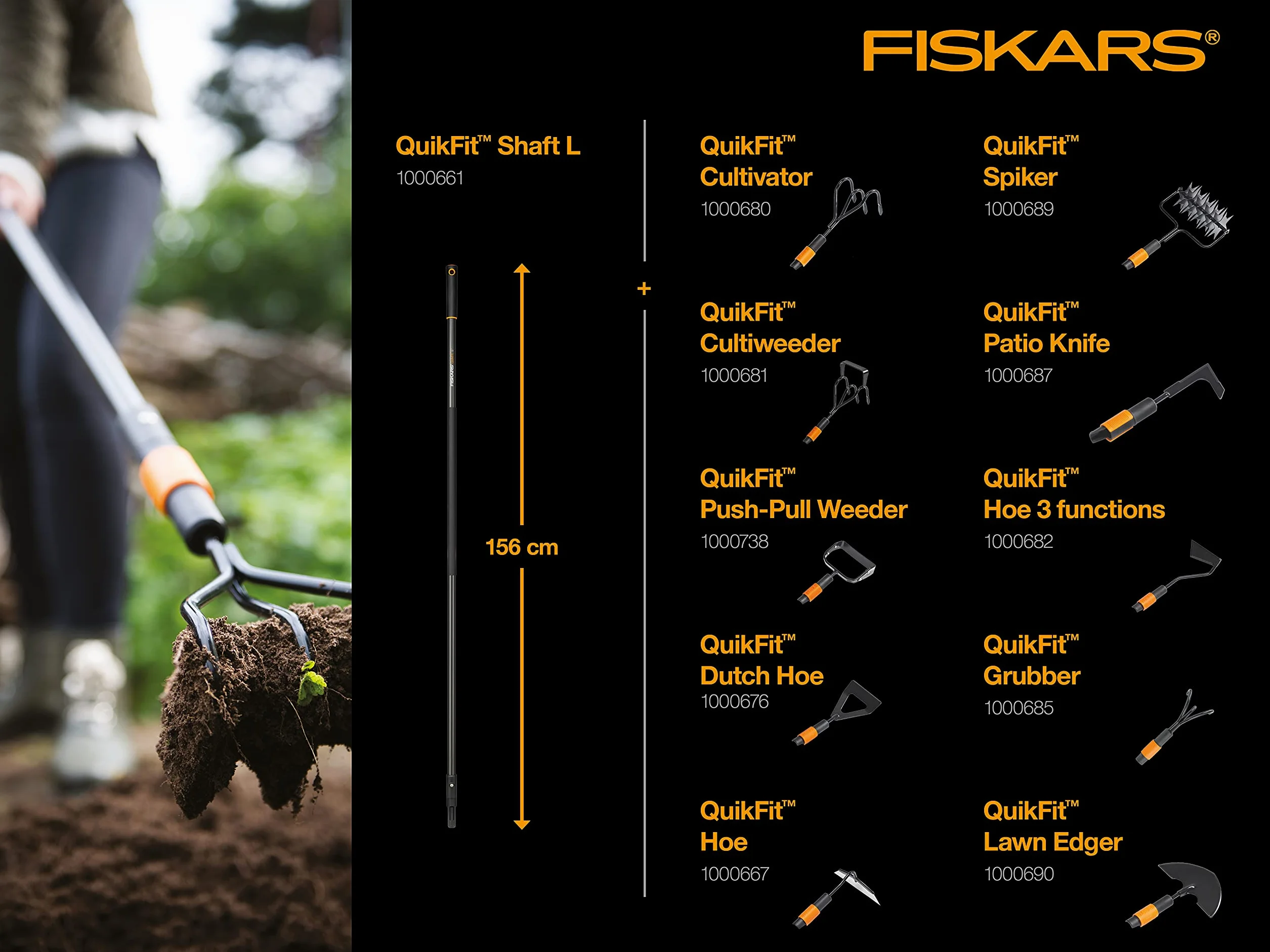 Fiskars Cultivador con 3 dientes, Cabezal de herramienta QuikFit, Longitud: 33 cm, Largo: 9 cm, Dientes de acero al carbono, Negro/Naranja, QuikFit, 1000685