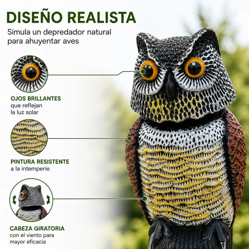 Remi Hogar Búho Espantapájaros Realista | Ahuyenta Palomas, gaviotas y Otras Aves urbanas | para Exteriores, Balcones, Jardines y Piscinas | Poliuretano | Respetuoso con el medioambiente y Fauna