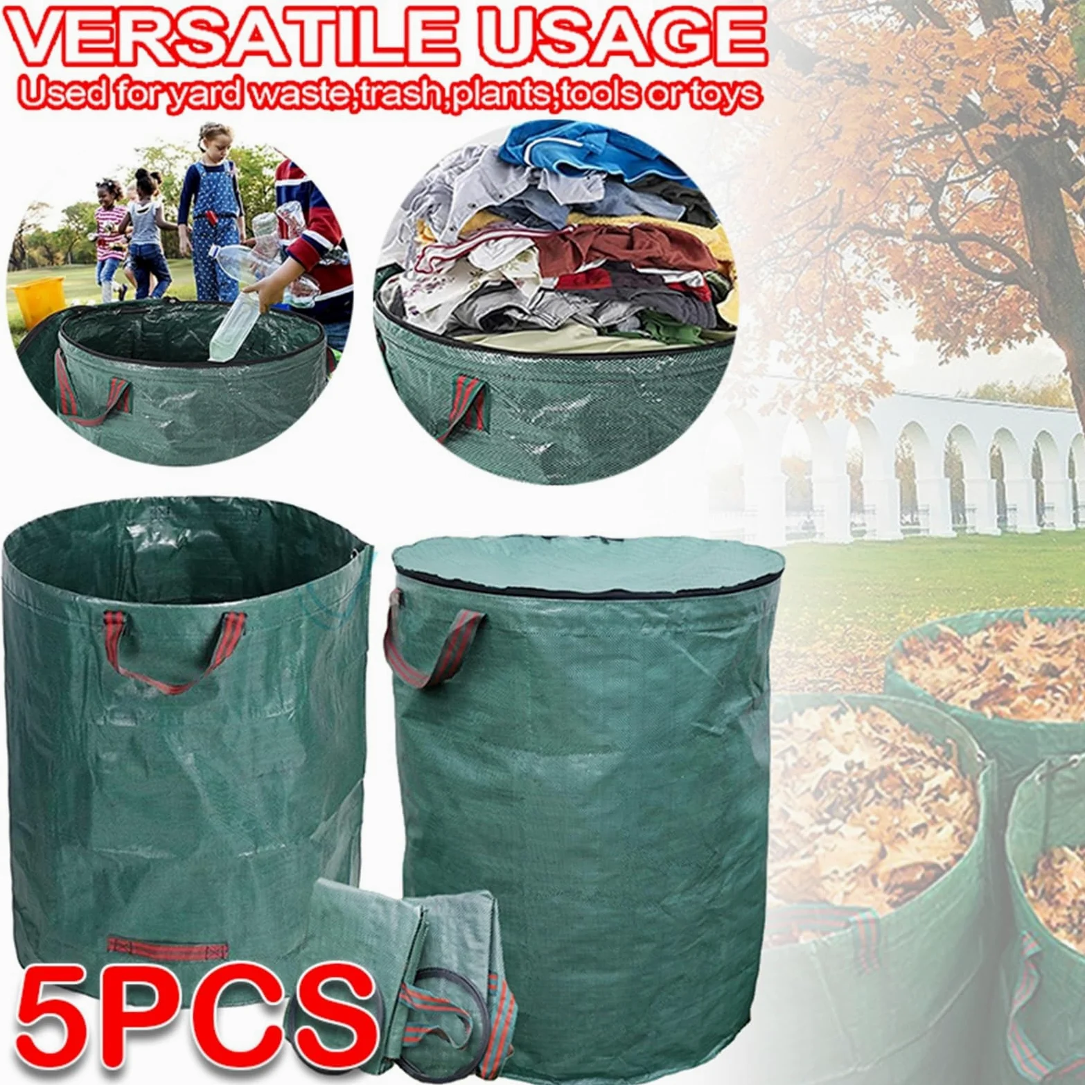 Bolsas de residuos de jardín Bolsa de residuos de alta capacidad for jardín, contenedor de recolección de residuos de hojas, bolsas de PP impermeables reutilizables multifuncionales, 1/3/5 Uds.(32 Gal