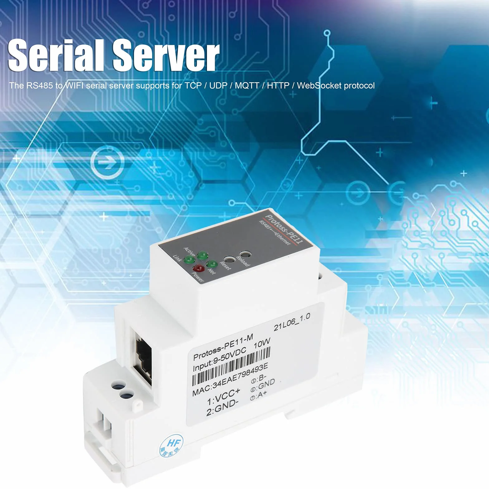 RS485 a WIFI Serial Server Montaje en riel Ethernet Módulo de red 9-50VDC 10W PE11-M