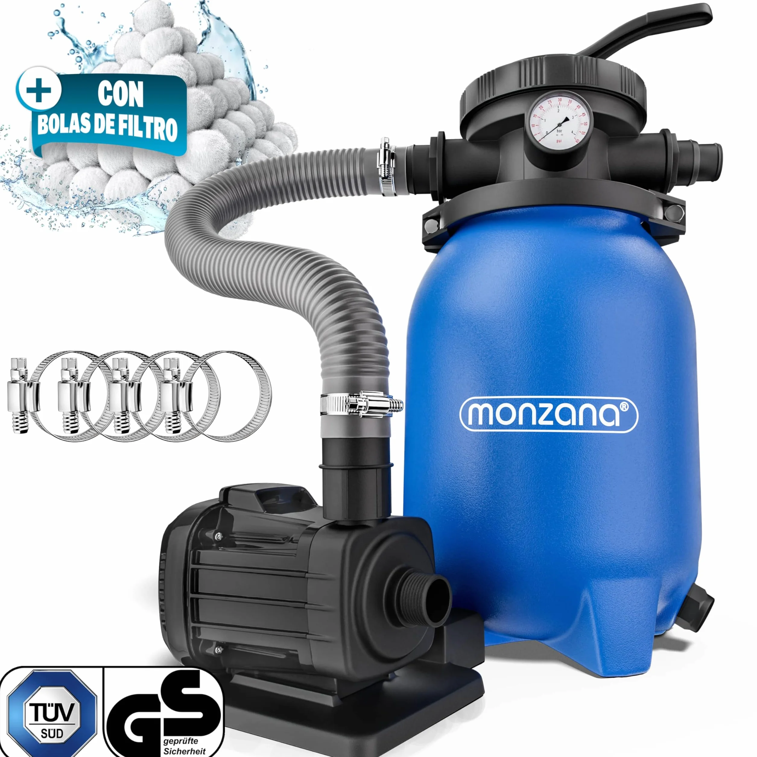 MONZANA® Depuradora Piscina 5000 L/h Filtro de Arena hasta 15.000 L con Bolas de Filtro Válvula 7 Funciones Filtrado Adaptador Ø32-38mm 180W Bomba Indicador de Presión