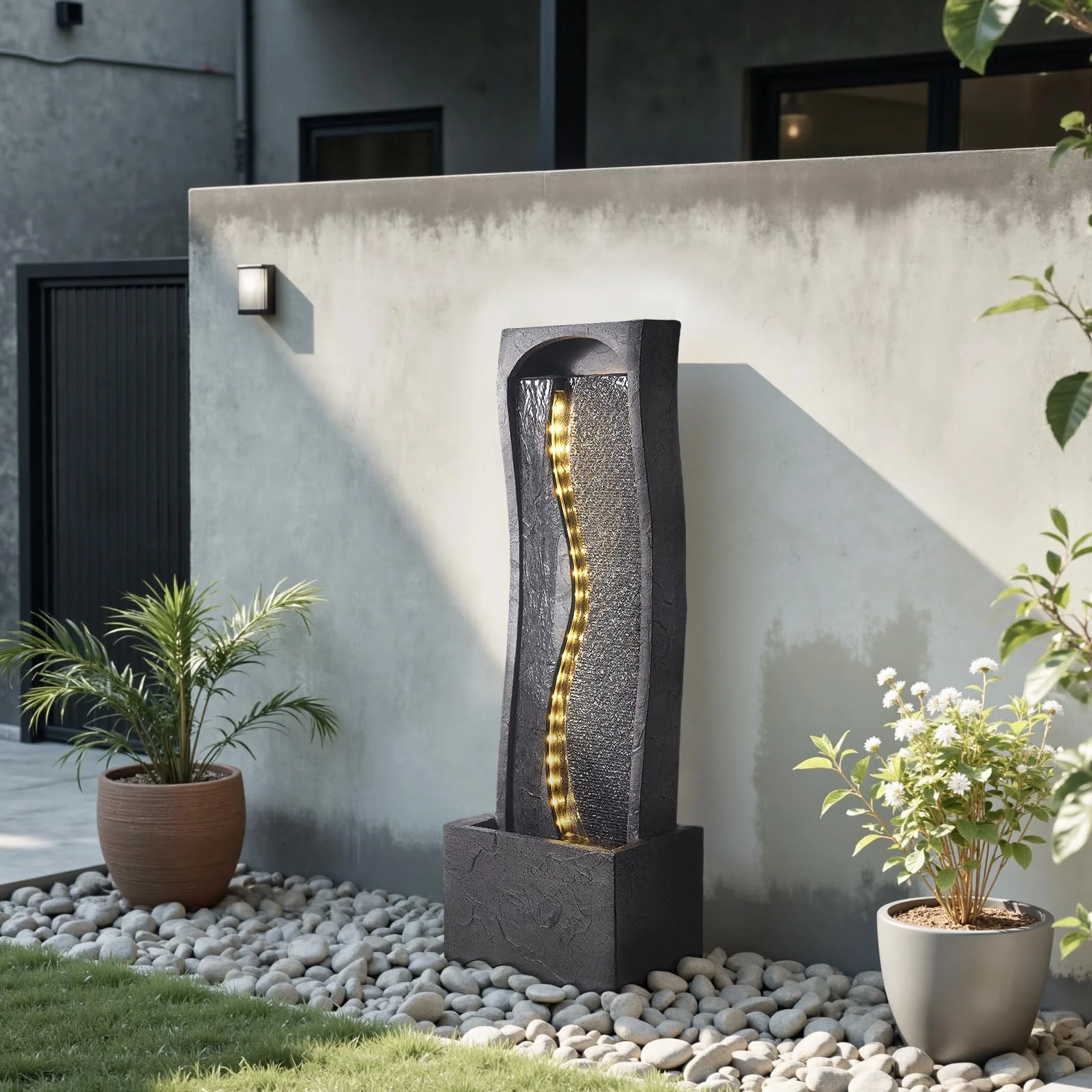 VEVOR Fuente de Agua para Exteriores, 98 cm de Altura, Fuente de Cascada Moderna de Una Sola Capa con Base de Roca, Luz LED y Bomba para Jardín, Patio, Decoración del Hogar, Exterior, Negro