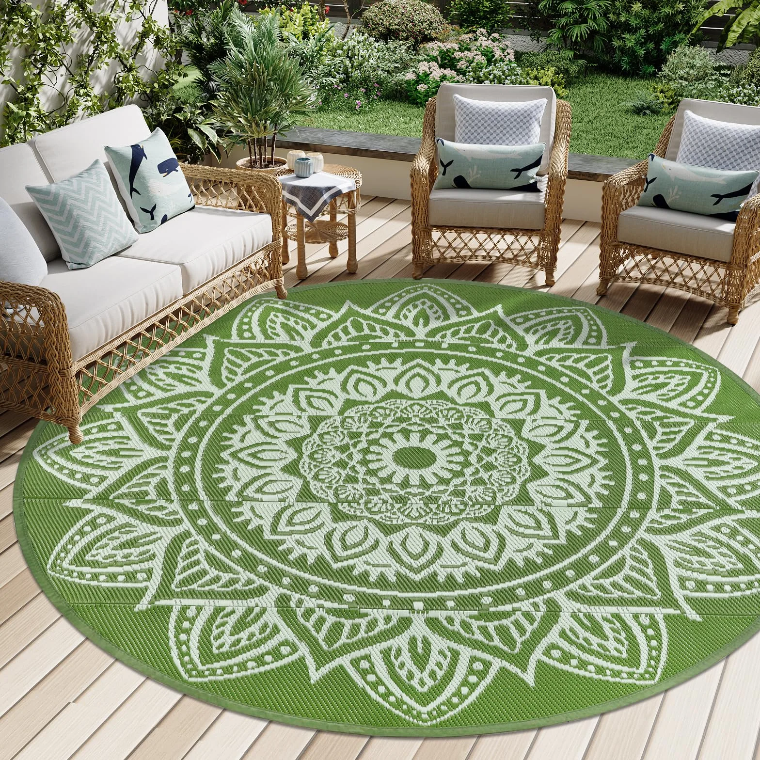 Famibay Alfombra Exterior Impermeable Redondo 180cm Alfombras De Exterior Reversible Plástico Resistente A Los Rayos UV Verde Tapete Terraza Patio Jardin Balcón
