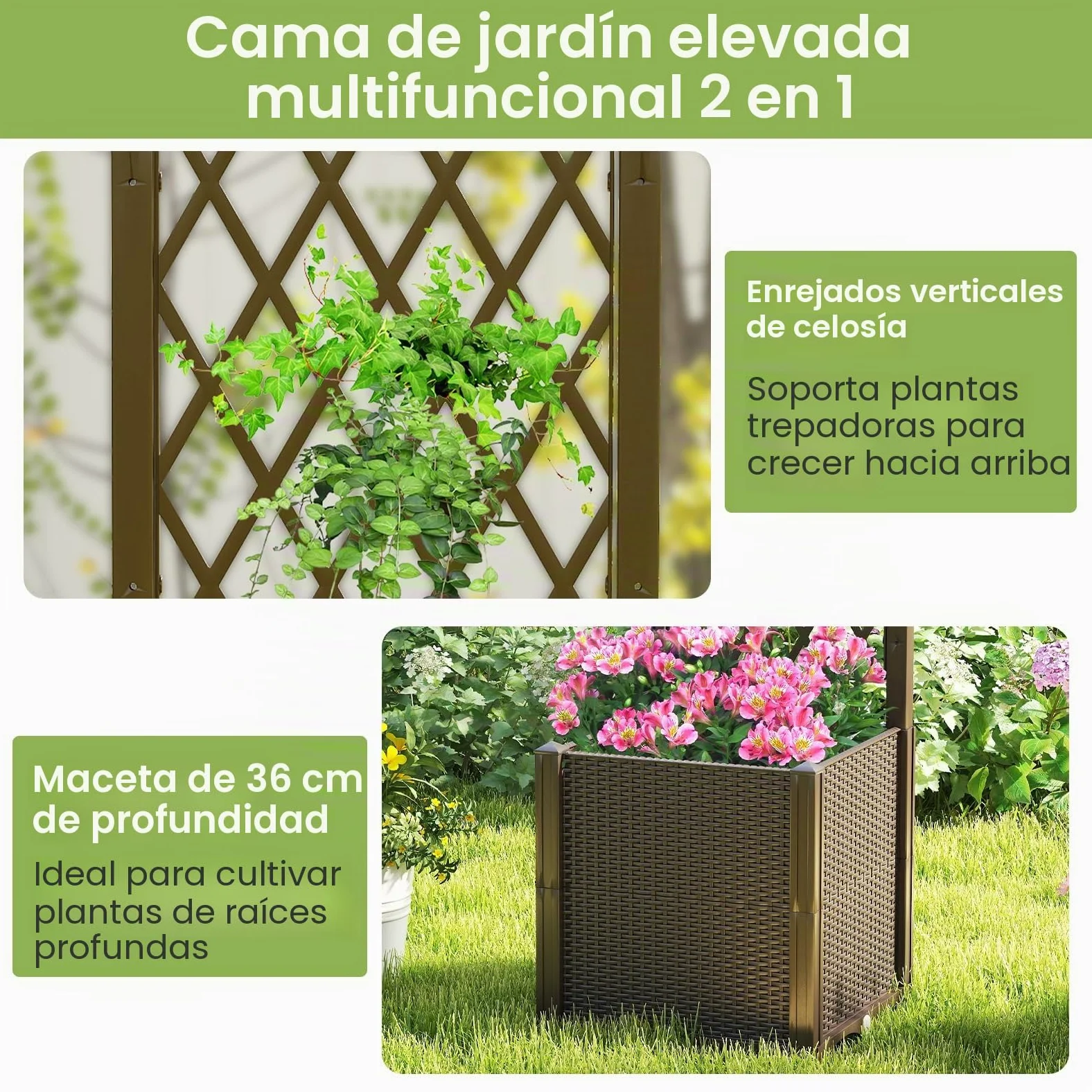 HOMASIS Cama de jardín elevada de madera con celosía, maceta de exterior con disco autoregado, agujeros de drenaje, bandeja de flores para plantas trepadoras, verduras (marrón)