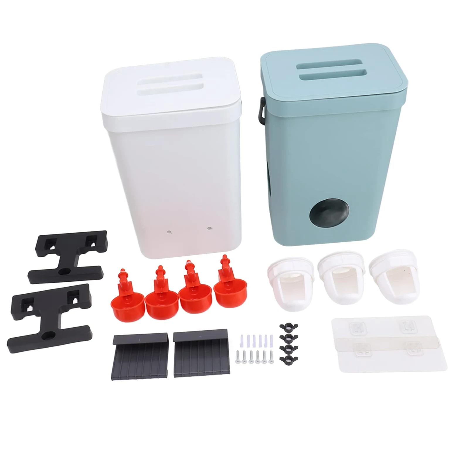 Comedero Automático para Pollos, Juego de Dispensador de Agua para Aves de Corral con Gran Capacidad y Cubierta Impermeable, 2 Cubos y 4 Bebederos